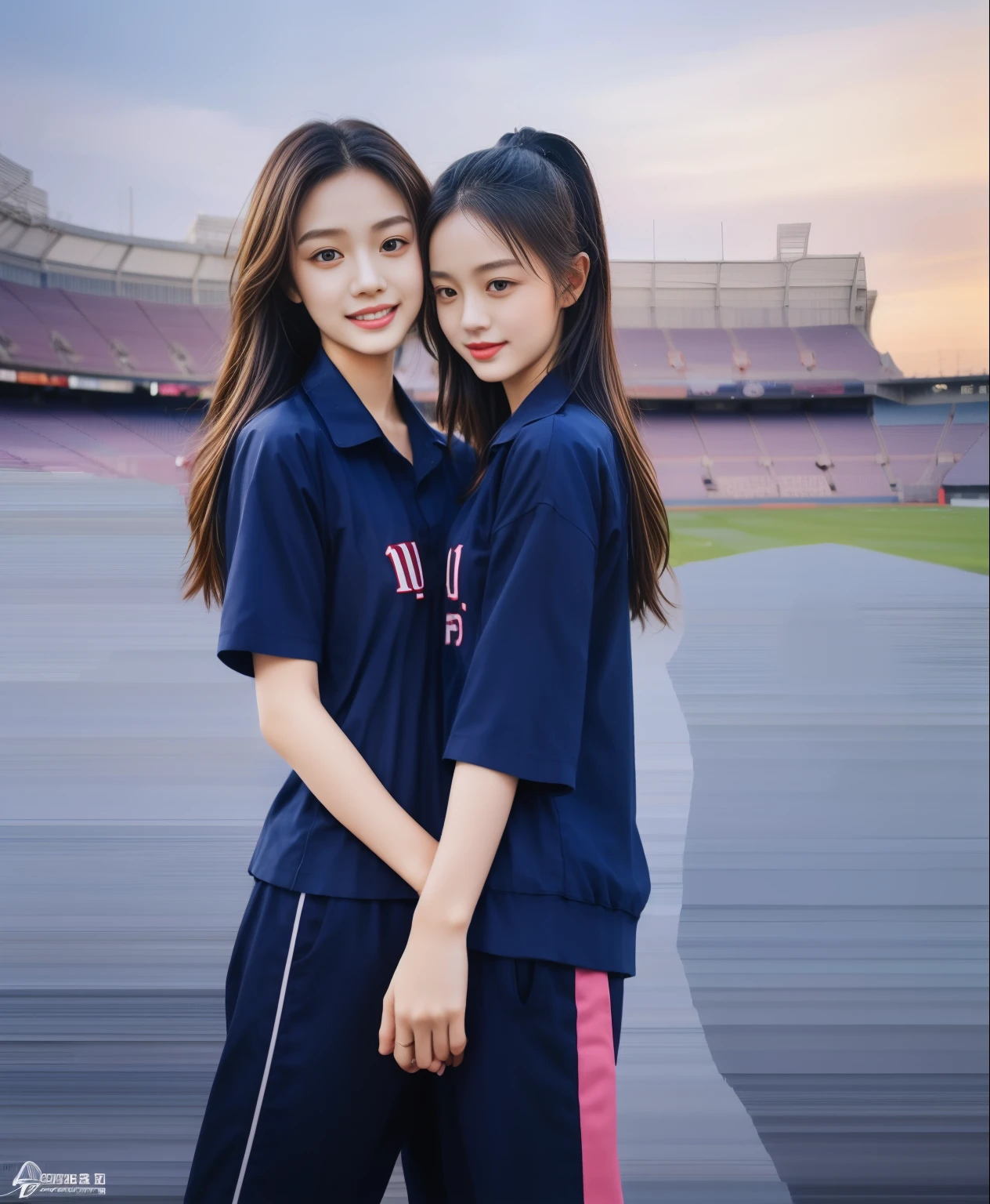 (best quality,10,10,height,Masterpiece:1.2),Special details,(realistic,ภาพrealistic,Realistic photos:1.37),1 cute girl on the football field,shiny, ผิวshiny,only,smile softly,BDclothelue shirt:1.3)),short sleeve,shirt, กางเกงขาlong.,(navy_long_track pants:1.1), ((stadium background:1.3)),Dynamic angle,excited,Face focus,dynamic poses,from behind,focus on ass,Masterpiece, best quality, ultra realistic, hyper-detail, 8K resolution, raw photos, Sharp focus, ((Navy blue shirt:1.1)), short sleeve, เส้นทางlong, perfect body, 2 mature women, 18 years old, Cinema-grade lighting system,blue sweatpants,shirtผ้าออกกำลังกาย,correct anatomy,perfect body, correct body, Sharp face, correct bodyทางกายวิภาค, full body, realistic gestures, long-haired, realistic poses,Wear long shorts................................,ช่วงขาlong,Good shape,carved girl, Slender figure, model, Good shape, beautiful body,blue sweatpants, two girls kissing
