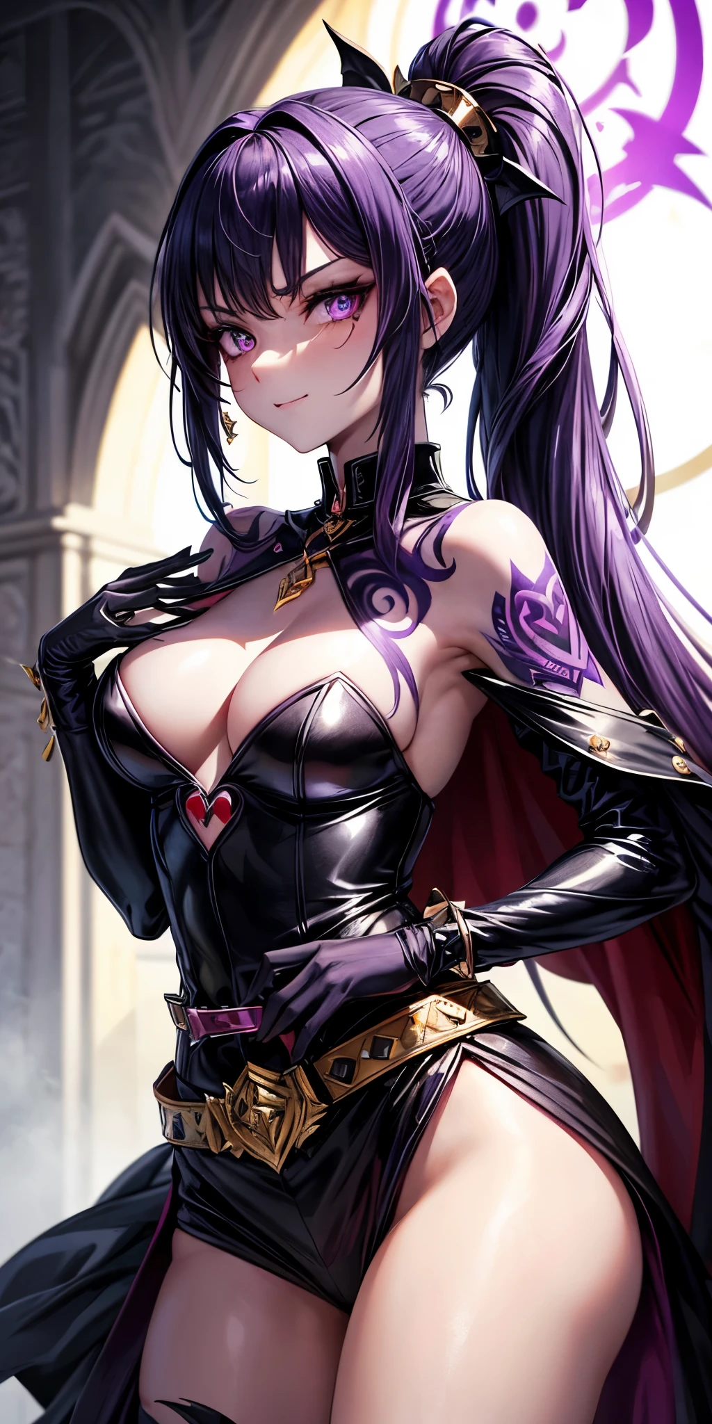 vampire queen, small breast, battle skirt, (royal cape:1.1), black and purple color, sexy and devil aura, original character, masterpieces, seducing purple pupil, (multicolor high pony tail 1:1.2), purple gem accessories, golden belt, golden necklace, windy and evil effect, soft moon lights, extremely delicate and beautiful eyes, unique crown, (corruption tattoo 1;1.25), naughty face, 16k, gorgeous, off-shoulder, cute, , solo