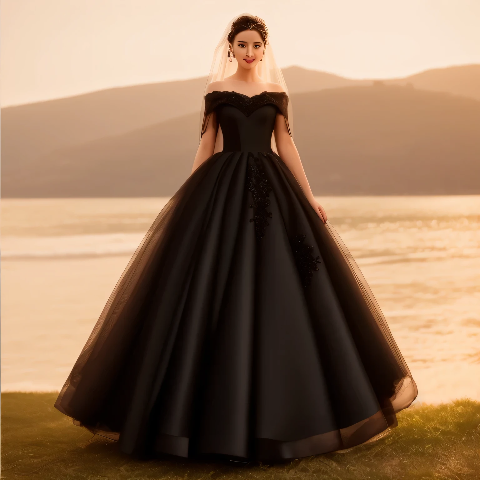 ((highest quality、8k、best image quality、The most extravagant black A-line wedding dress:1.3)、(black dress:1.3)、(solo shot), (the most gorgeous and majestic goddess:1.3)、(Please look at me、bewitching smile、long eyelashes、perfect makeup、lipstick、slight smile)、(perfect anatomy:1.2)、(blurry distant view:1.2)、(portrait photography:1.3)、great movie lighting、(romantic mood night:1.1)、(Obscene mood 1.1),(simple background)