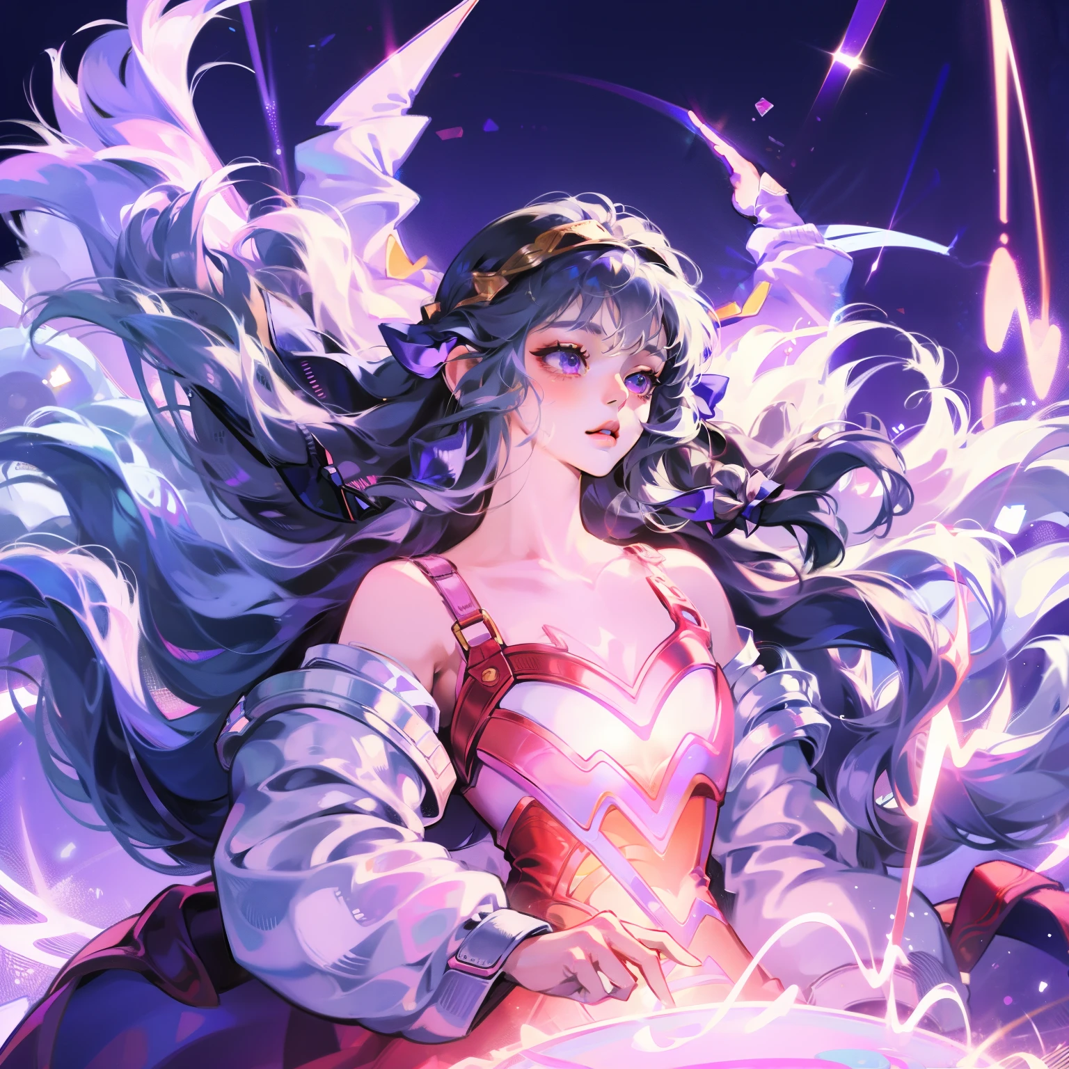 masterpiece,((clear lines)), limited color palette,best quality, flat color, low contrast, ((1 girl)),(((An extremely delicate and beautiful girl))),(Beautiful and delicate face),(Beautiful and delicate eyes),{long hair},hair accessories,((Medium chest)),黑色long hair,Headband,、high resolution, high quality, masterpiece, mxmk white dress, bare shoulders, purple eyes, white dress, braid,gold eye shadow,Dark red pupils,