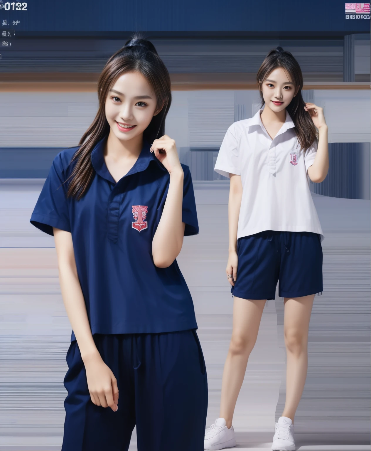 (best quality,10,10,height,Masterpiece:1.2),Special details,(realistic,ภาพrealistic,Realistic photos:1.37),1 cute girl on the football field,shiny, ผิวshiny,only,smile softly,BDclothelue shirt:1.3)),short sleeve,shirt, กางเกงขาlong.,(navy_long_track pants:1.1), ((stadium background:1.3)),Dynamic angle,excited,Face focus,dynamic poses,from behind,focus on ass,Masterpiece, best quality, ultra realistic, hyper-detail, 8K resolution, raw photos, Sharp focus, ((Navy blue shirt:1.1)), short sleeve, เส้นทางlong, perfect body, 2 mature women, 18 years old, Cinema-grade lighting system,blue sweatpants,shirtผ้าออกกำลังกาย,correct anatomy,perfect body, correct body, Sharp face, correct bodyทางกายวิภาค, full body, realistic gestures, long-haired, realistic poses,Wear long shorts................................,ช่วงขาlong,Good shape,carved girl, Slender figure, model, Good shape, beautiful body,blue sweatpants, two girls kissing