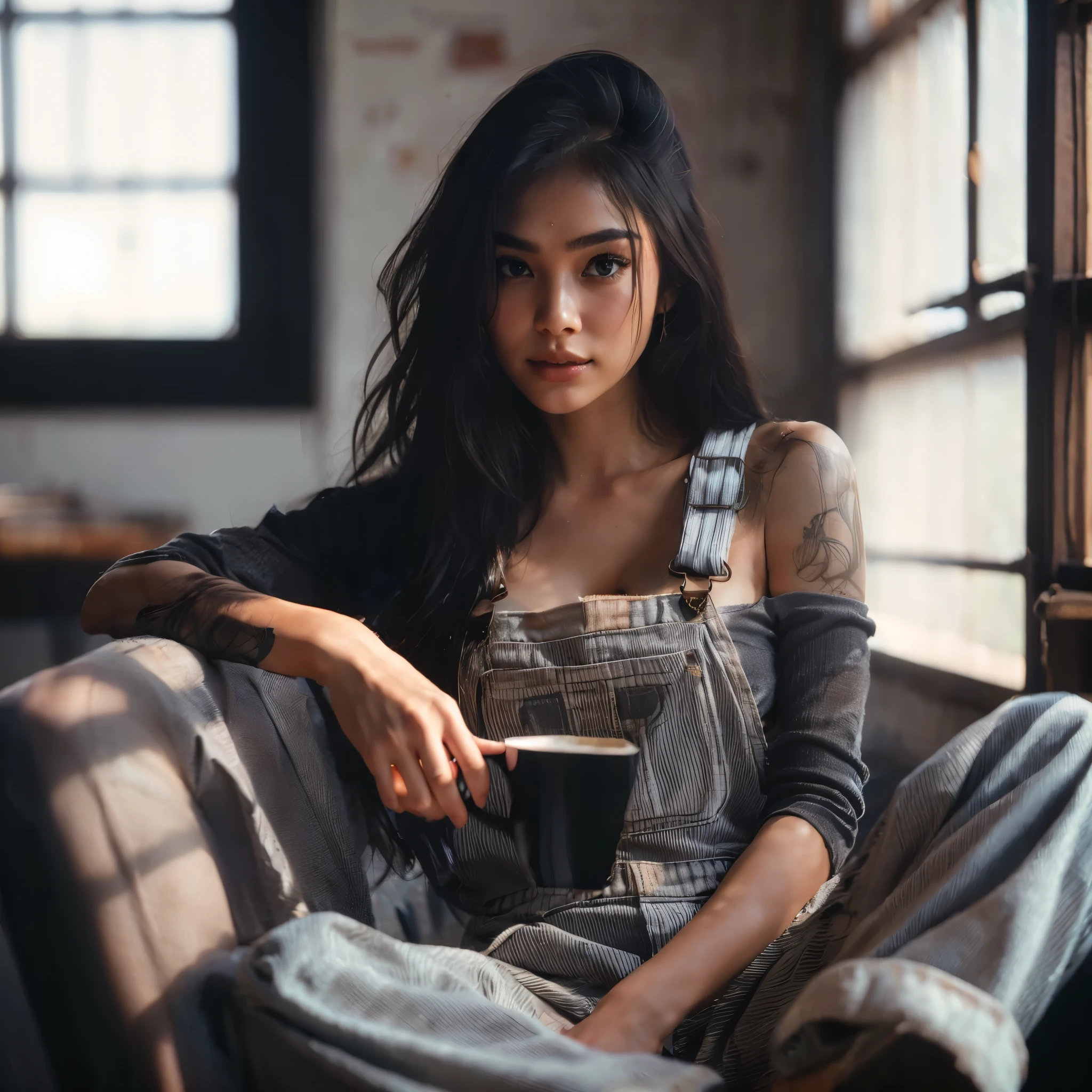 a very beautiful woman lying in an old rectangular concrete bathtub, wearing distressed overalls, black mixed grey hair, bare feet in the air, holding a rubber hose, in the style of subversive public installations, colorful and tattered unpainted concrete wall as the backdrop, word in wall "Selamat Siang" with cool font, oriental ism, high-angle, dollcore, photo taken with provia, playful yet dark, adorable facial expressions, tatto in body,
,film,professional,,high detail,epirealism model,atmospheric impressionism,bokeh,pre-raphaelite realism,low tone photography,soft focus realism --ar 36:61 --stylize 750 --vv6