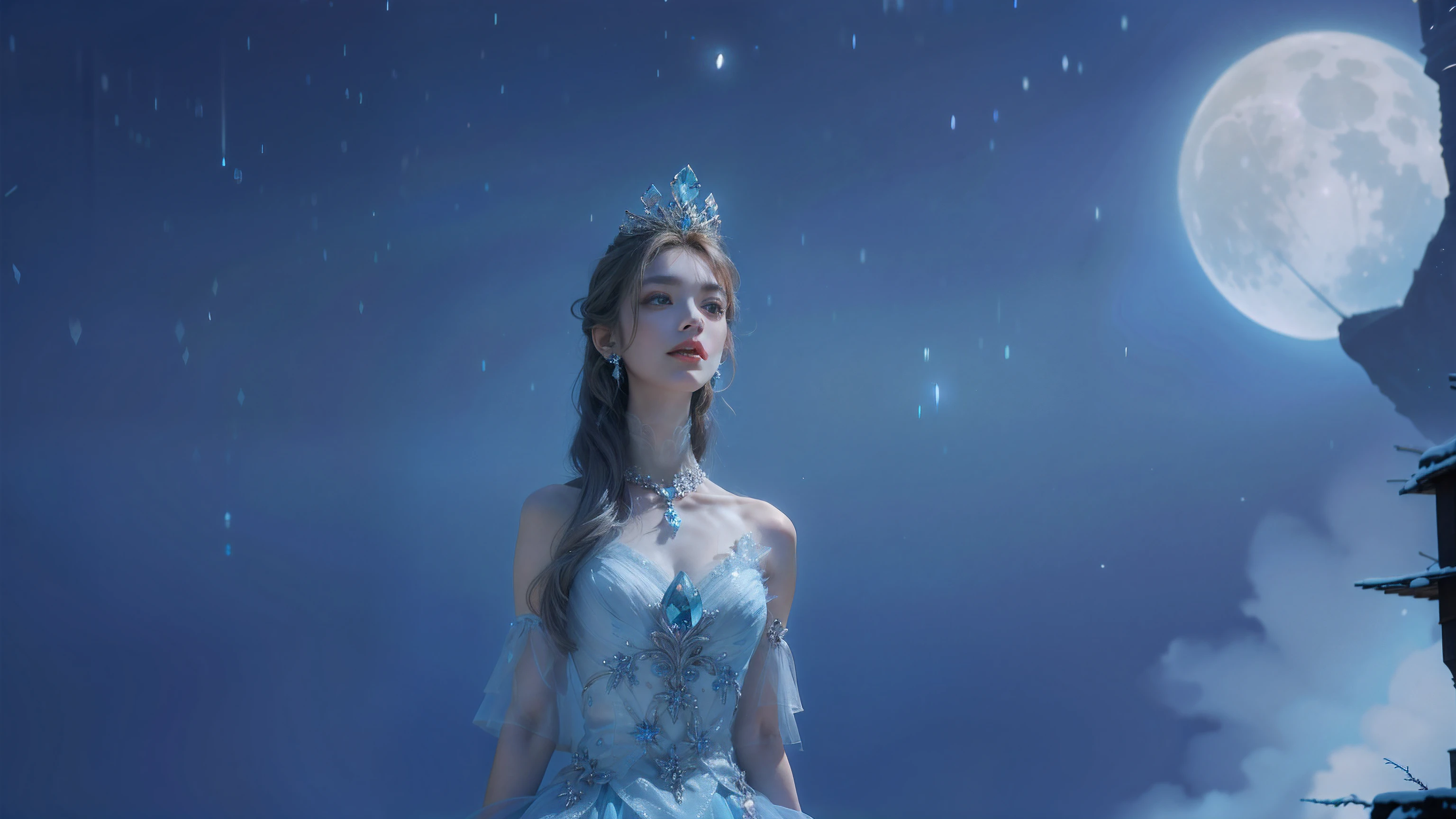 il y a une femme en robe debout devant la pleine lune, Reine de l'hiver, princesse d'hiver, Reine des glaces, ((Une belle impératrice fantastique)), déesse de l'hiver, the Reine des glaces, princesse de glace, Reine des glaces et des tempêtes, Wear a crystal fractal tiara, royal elegant pose, Une belle impératrice fantastique, Wear a tiara, inspired by Sim Sa-jeong, Milky Way