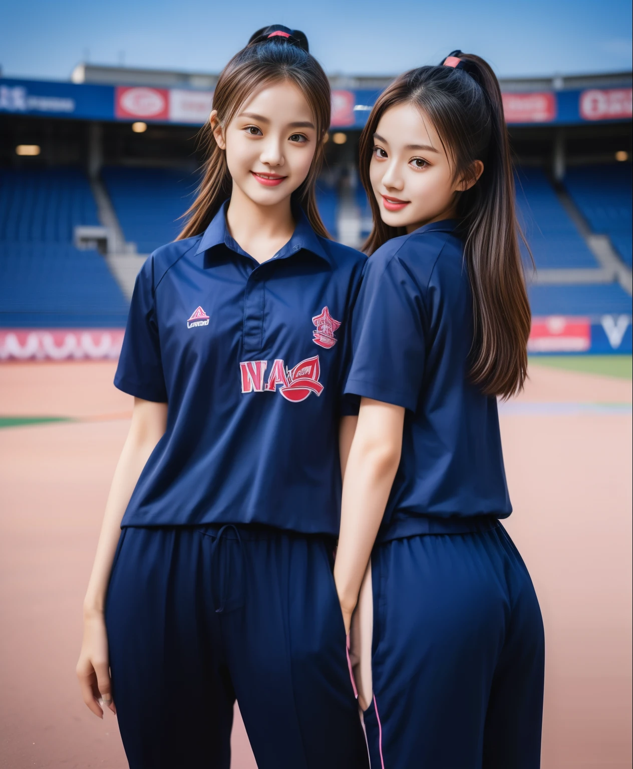 (best quality,10,10,height,Masterpiece:1.2),Special details,(realistic,ภาพrealistic,Realistic photos:1.37),1 cute girl on the football field,shiny, ผิวshiny,only,smile softly,BDclothelue shirt:1.3)),short sleeve,shirt, กางเกงขาlong.,(navy_long_track pants:1.1), ((stadium background:1.3)),Dynamic angle,excited,Face focus,dynamic poses,from behind,focus on ass,Masterpiece, best quality, ultra realistic, hyper-detail, 8K resolution, raw photos, Sharp focus, ((Navy blue shirt:1.1)), short sleeve, เส้นทางlong, perfect body, 2 mature women, 18 years old, Cinema-grade lighting system,blue sweatpants,shirtผ้าออกกำลังกาย,correct anatomy,perfect body, correct body, Sharp face, correct bodyทางกายวิภาค, full body, realistic gestures, long-haired, realistic poses,Wear long shorts................................,ช่วงขาlong,Good shape,carved girl, Slender figure, model, Good shape, beautiful body,blue sweatpants, two girls kissing