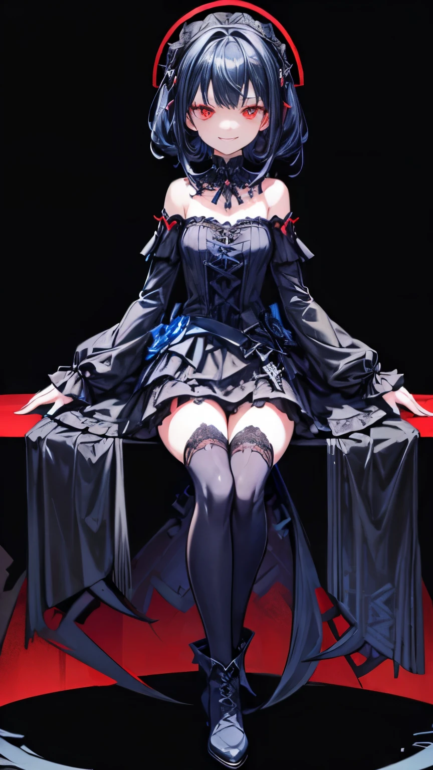 [(church background:1.4)::5],original,(figure:1.1),(highest quality),(table top:1.1),(Highly detailed CG Unity 8k wallpaper:1.1), (colorful:0.9),(mid shot:0.95),(whole body:1.5),dynamic angle,(alone:1.2), (girl),((adult)), (detailed beautiful eyes:1.15), (beautiful face:1.15), (glowing red eyes:1.25////),((dark blue long hair)),(dull bangs),(low twin tails),(+perfect hands+:1.21),(Draw an illustration of a gothic girl),(religious),(thin),(she has boots on her feet),((wearing a black dress)),(rage), Lace Off Shoulder ta Fashion,Beautiful thin woman,((evil smile)),dark blue short hair,dark blue short hair,smile,