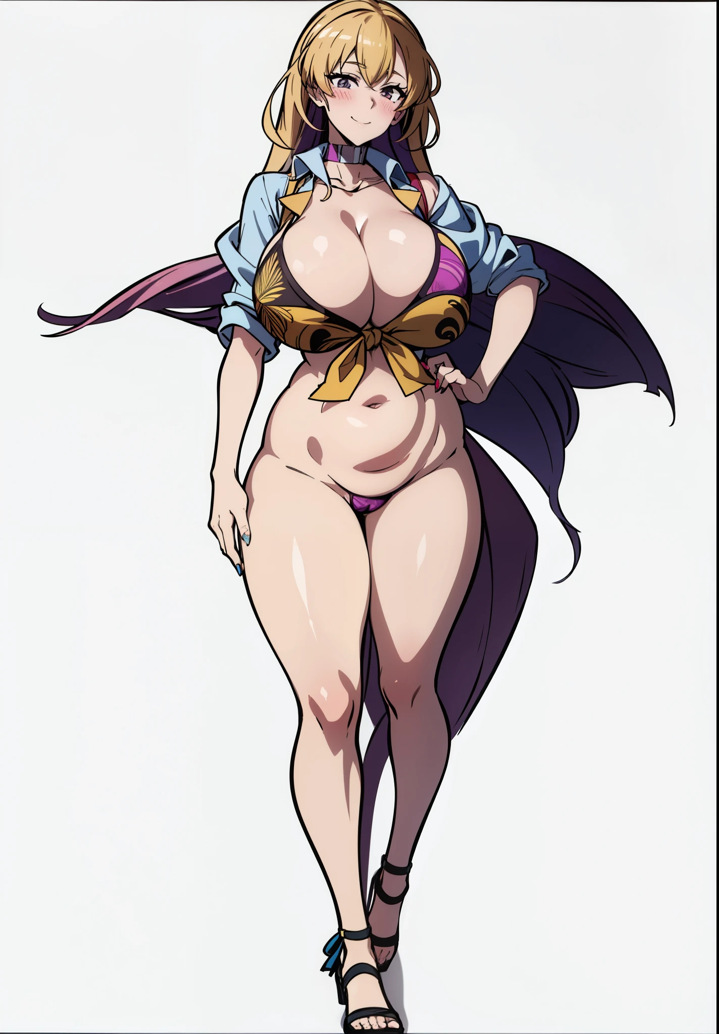 ((Cartoon image of a tall and long-legged woman)), tits, tits proportions, big breasts!!, Close-up of lower body, big breasts!, Close-up of intense gesture style, She has a plump, round belly, huge breasts in covered sfw, junko enoshima, big breastsを持つ, Full body close-up shot, thick, big breastsを持つ,huge breasts, gigantic breasts,(beach background),smile,blush,hiiragi utena,boryeondef,blond hair