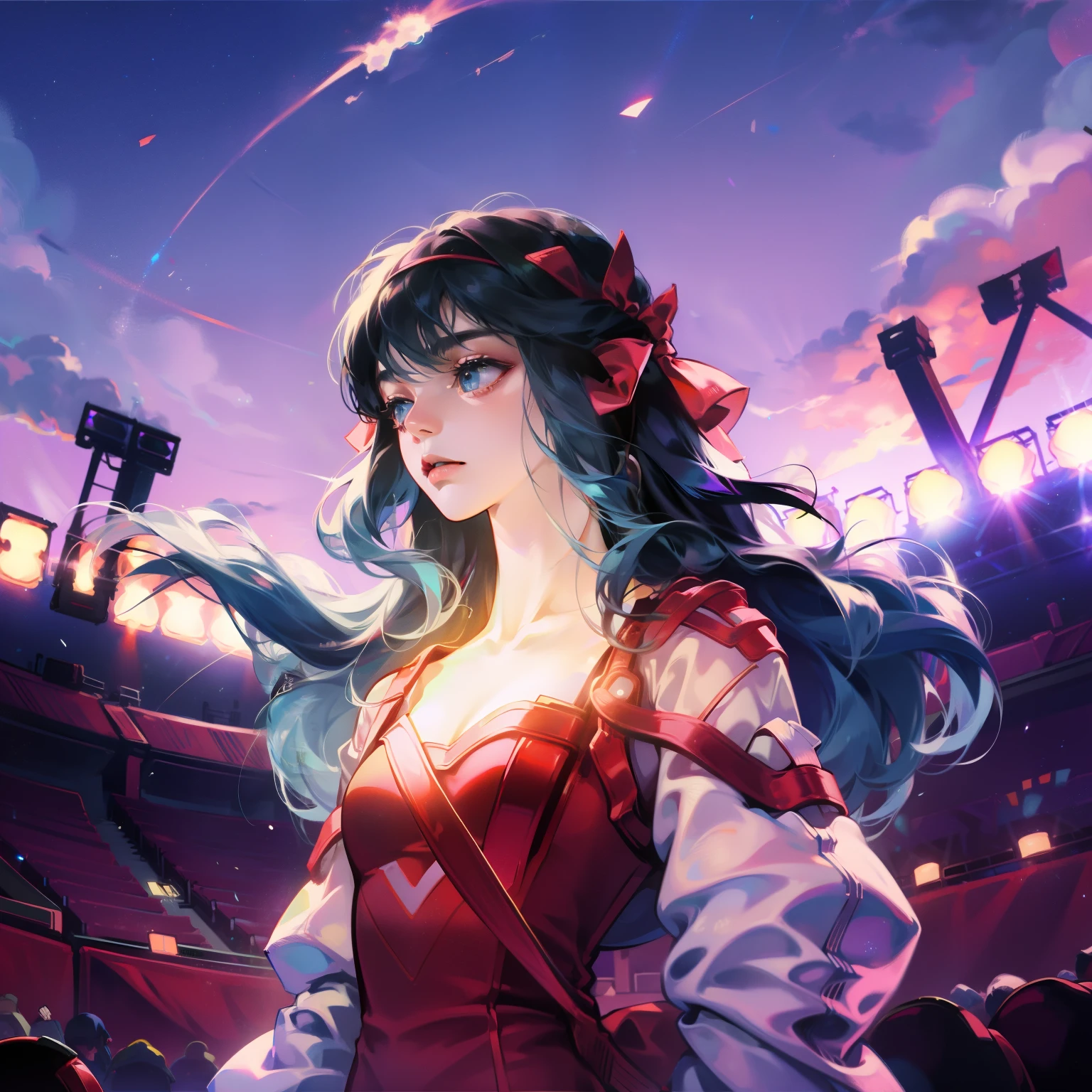 masterpiece,((clear lines)), limited color palette,best quality, flat color, low contrast, ((1 girl)),(((An extremely delicate and beautiful girl))),(Beautiful and delicate face),(Beautiful and delicate eyes),{long hair},hair accessories,((Medium chest)),黑色long hair,Headband,Uniforms , Permanently installed,((looking at the audience:1.6)), view from below,beautiful detailed sky,bright sky,cloudy sky,Sunlight, (detail light),light,