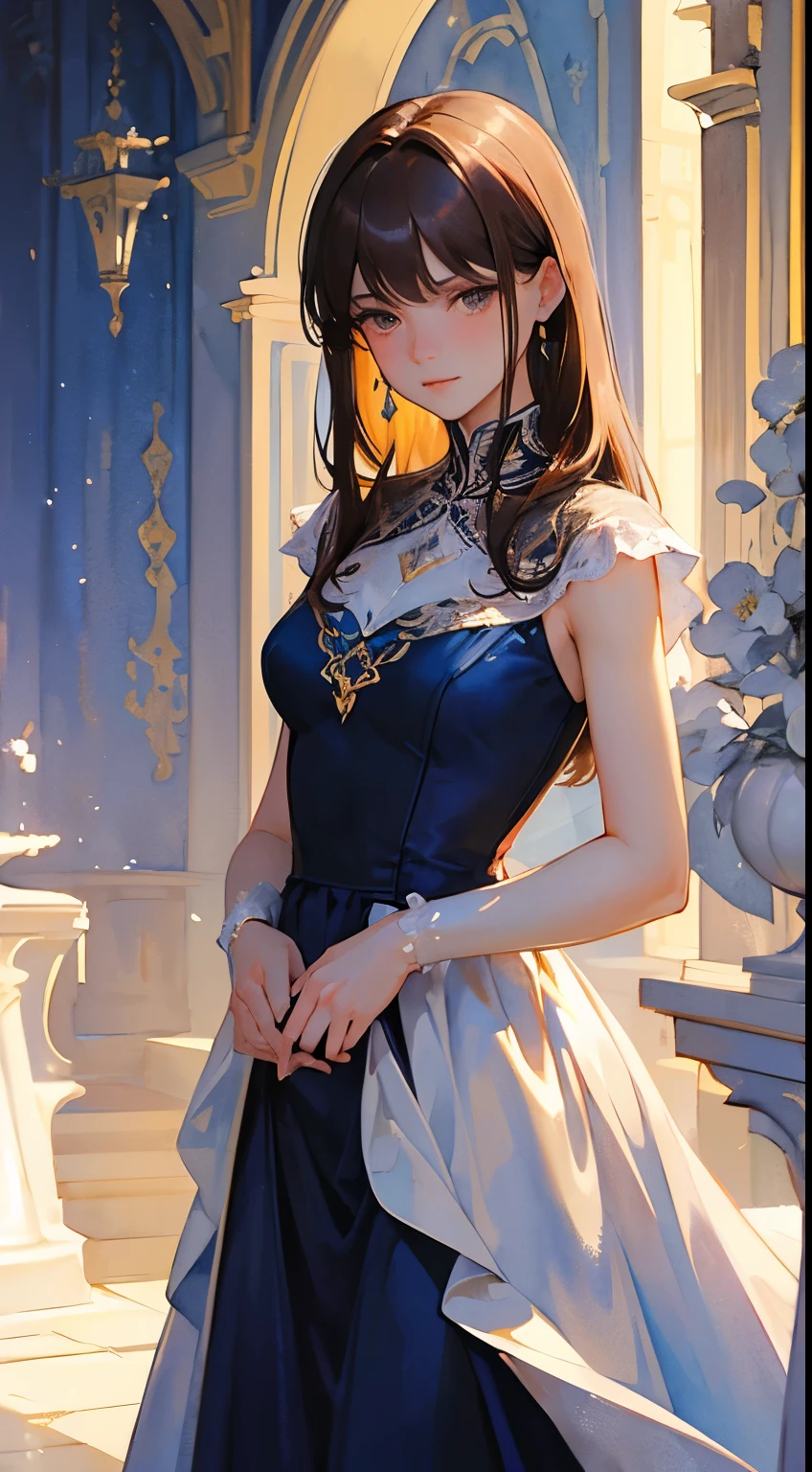 ((Watercolor painting by Singer Sargent))、(最high quality、masterpiece)、beautiful woman portrait, at the palace, soft smile portrait, Subtle features, intricate details, Calm composition, tension, Low contrast, texture, realism, high qualityのレンダリング, amazing art, high quality, be familiar with skin, ((long slightly wavy dark brown hair)), ((brown eyes)), ((18-year-old)), ((Bangs)), ((Dark blue gown)), ((royal look)), mature woman, whole body, be familiar with