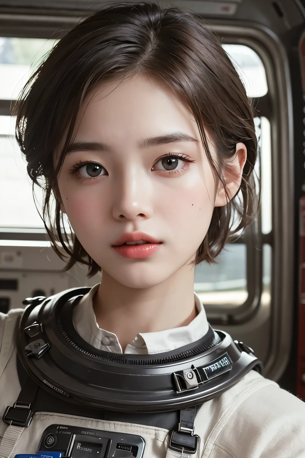 highest quality、masterpiece、ultra high resolution、(real:1.4)、Beautiful woman１、Beautiful details of eyes and skin、light brown short cut hair、perfect space suit、spaceship、macrocosm、Remains、rocky mountain、cloudy sky、