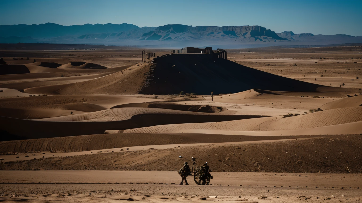 A dramatic desert landscape with swirling sands and the silhouette of  German soldiers in the distance.