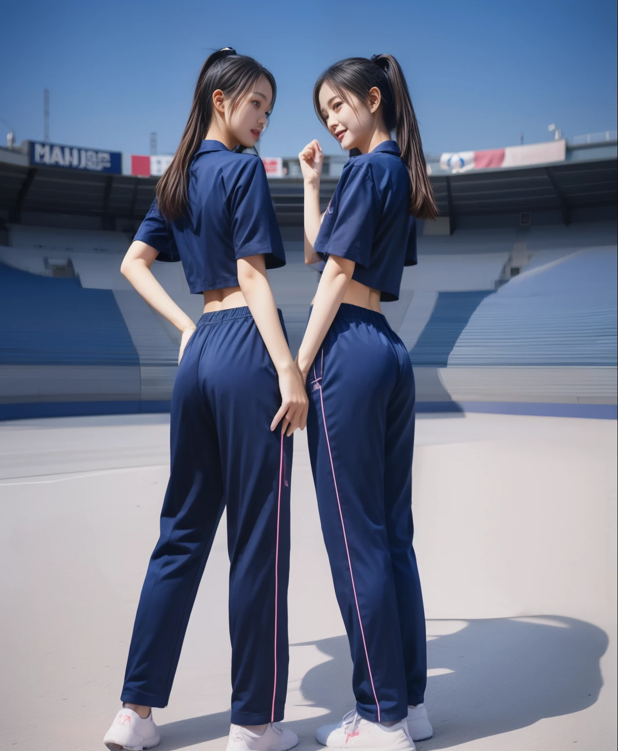 (best quality,10,10,height,Masterpiece:1.2),Special details,(realistic,ภาพrealistic,Realistic photos:1.37),1 cute girl on the football field,shiny, ผิวshiny,only,smile softly,BDclothelue shirt:1.3)),short sleeve,shirt, กางเกงขาlong.,(navy_long_track pants:1.1), ((stadium background:1.3)),Dynamic angle,excited,Face focus,dynamic poses,from behind,focus on ass,Masterpiece, best quality, ultra realistic, hyper-detail, 8K resolution, raw photos, Sharp focus, ((Navy blue shirt:1.1)), short sleeve, เส้นทางlong, perfect body, 2 mature women, 18 years old, Cinema-grade lighting system,blue sweatpants,shirtผ้าออกกำลังกาย,correct anatomy,perfect body, correct body, Sharp face, correct bodyทางกายวิภาค, full body, realistic gestures, long-haired, realistic poses,Wear long shorts................................,ช่วงขาlong,Good shape,carved girl, Slender figure, model, Good shape, beautiful body,blue sweatpants, two girls kissing