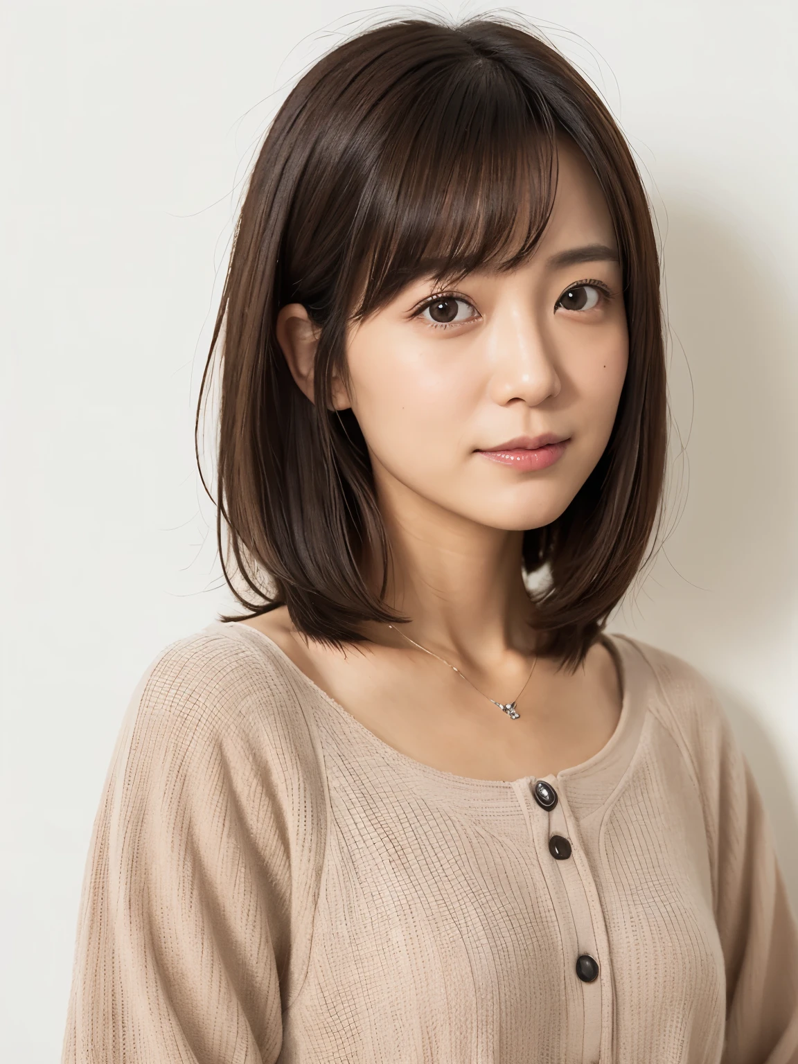 (Highly realistic photos, High resolution, detailed face, fine eyes), ((Taken in front of a white wall))、japanese woman, 40 years old, various expressions, alone:1, slim figure, different hairstyles, casual clothes, Only one person appears in the photo、long sleeve dress、Photographed in natural light、simple necklace、spring clothes、don't look at the camera、profile、dark brown hair color、bob hair、Hands are not visible