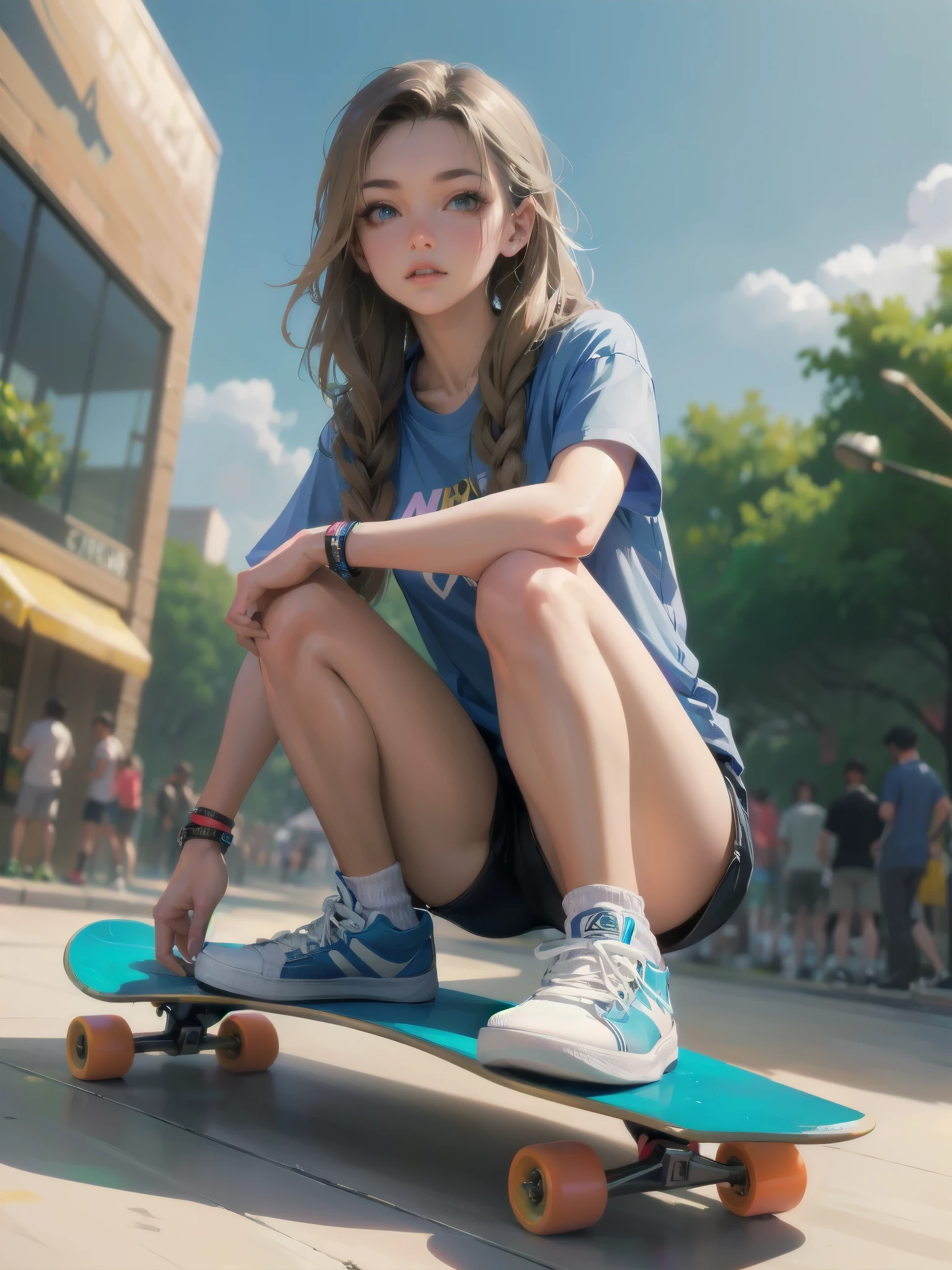 high quality,HD,16k,sharp lines,1 girl,Female skateboard athlete ,cute face, large breasts, nice legs,At the skateboard venue,focus girl,detailed beautiful face,detailed clothes,beautiful eyes,cool,dynamic angle