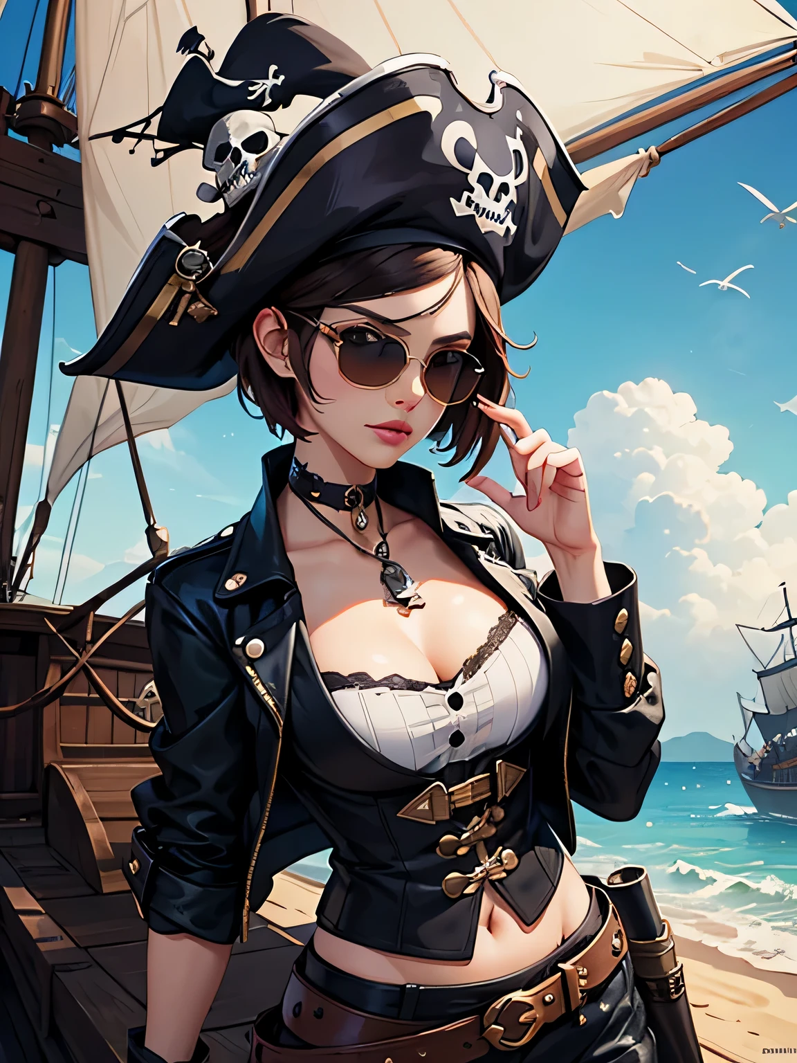 Join the daring treasure hunter, Jade, enquanto ela navega em mar aberto em busca de tesouros piratas enterrados. Sua roupa cativante combina elementos de um traje tradicional de pirata com um toque de estilo moderno, making it impressive and formidable. --auto --s2