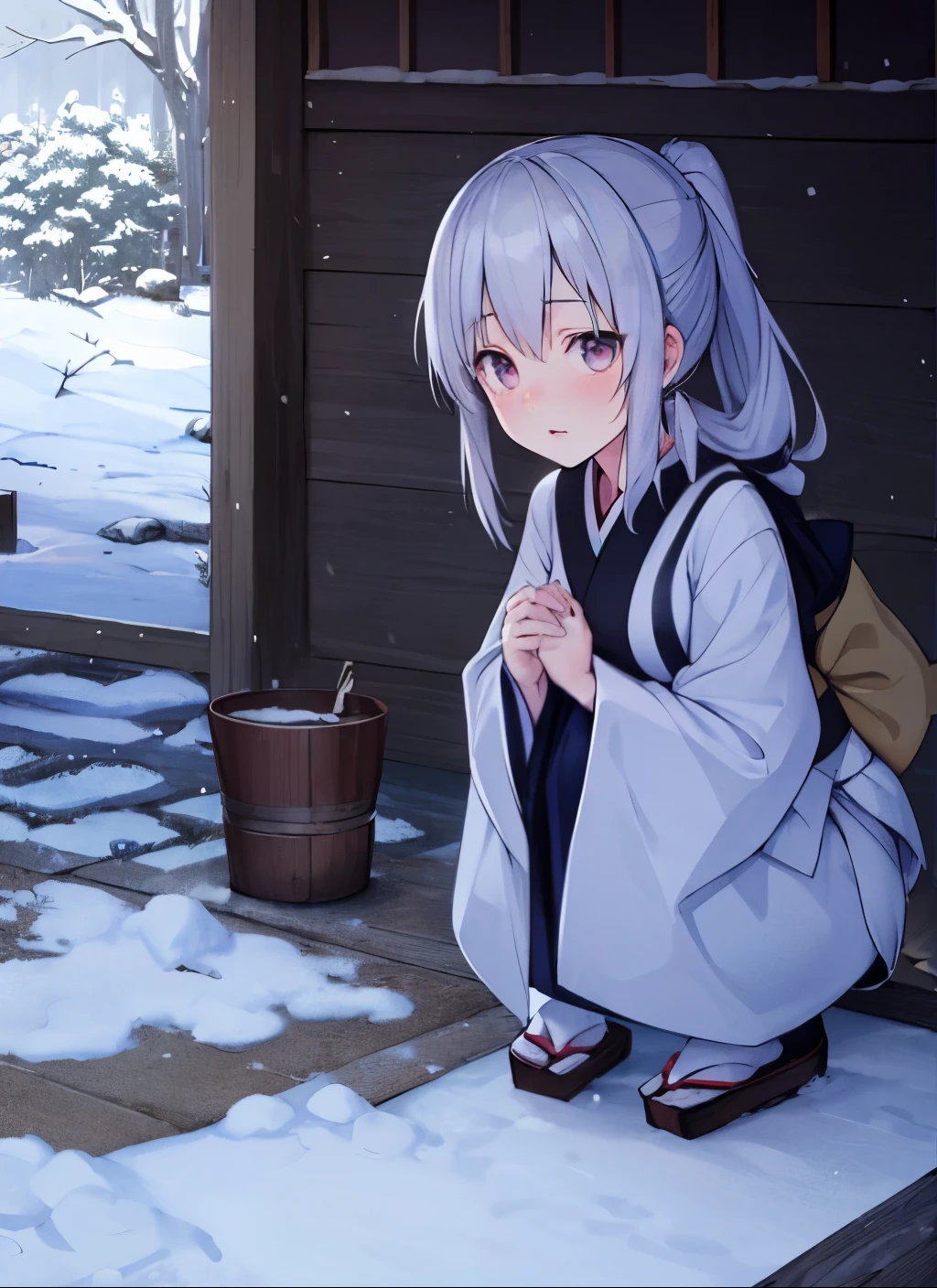 in the snow, inspired by Josetsu, anime girl squatting, cute girl anime visual, anime style 4k, white haired god, Beautiful anime girl squatting, 4k manga wallpaper, Created at Anime Artist Studio, 4k anime wallpaper, digital anime illustration, Kantai Collection Style