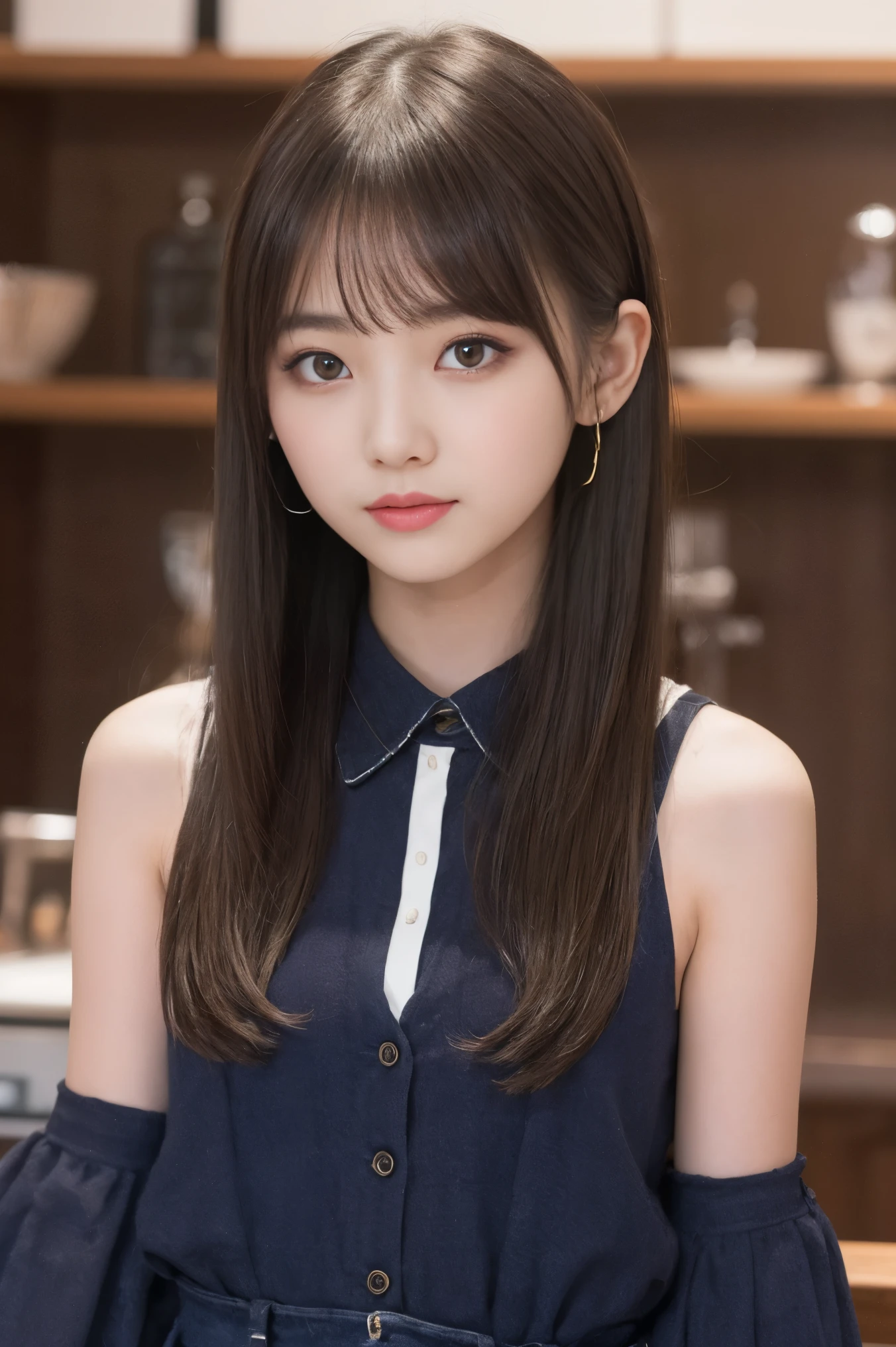 masterpiece, highest quality, one girl, (beautiful girl, cute:1.3), (15 years old:1.3), extremely fine-grained clarity, (symmetrical eyes:1.3), (stage), (idol costume:1.3), beautiful breasts, brown eyes, parted bangs, brown hair, (Eye and face details:1.0)