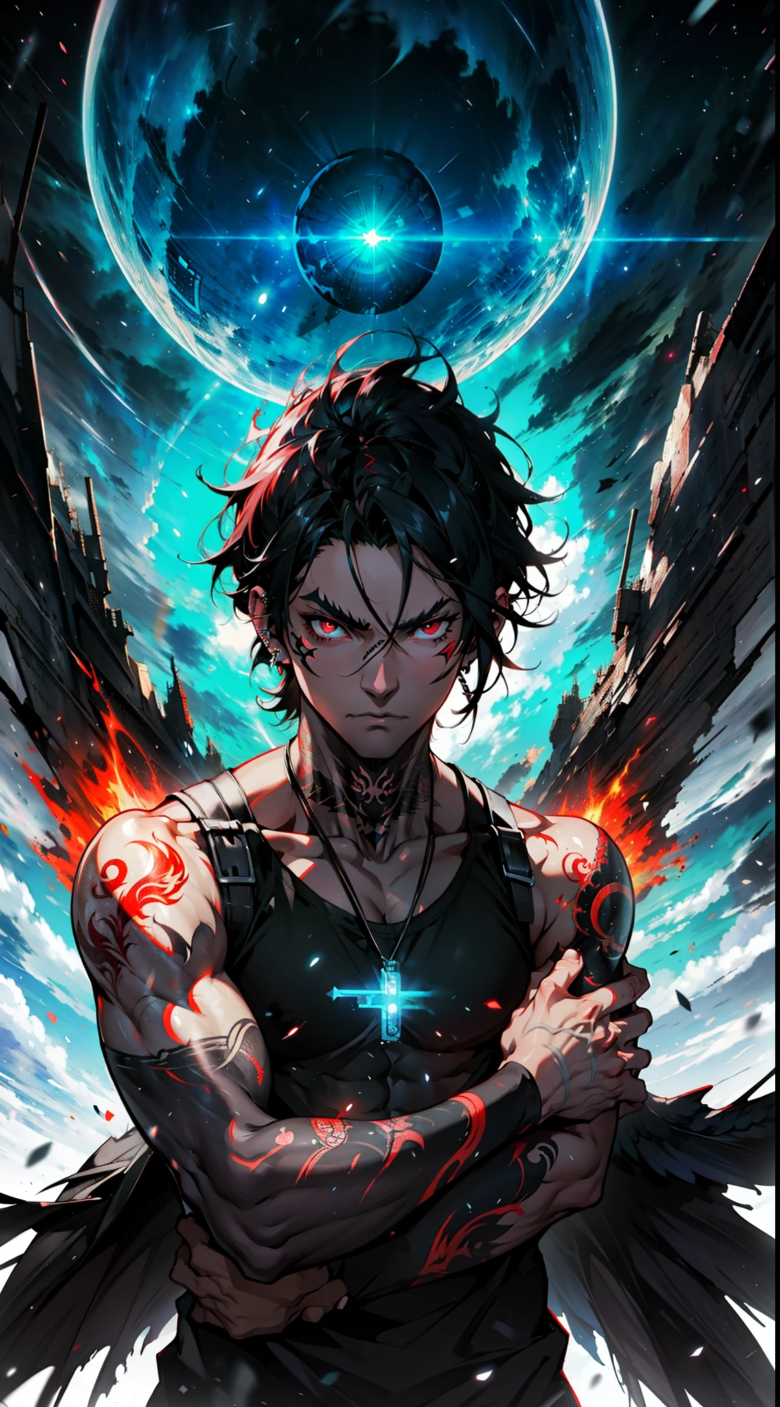 Demonic Anime boy, white skin, black hair, Glowing red eyes, tattoo on neck, arm tattoo, face tattoo, black Tank top, black pendant, black piercings, black fire, white background, cosmic, dynamic pose, Black Smoke, black fire wings, cinematic lighting, Counterfeit v3 anime style, anime art wallpaper 4k, anime art wallpaper 4 k, anime wallpaper 4k, anime wallpaper 4 k, 4k anime wallpaper, badass anime 8 k, anime art wallpaper 8 k, 4 k manga wallpaper