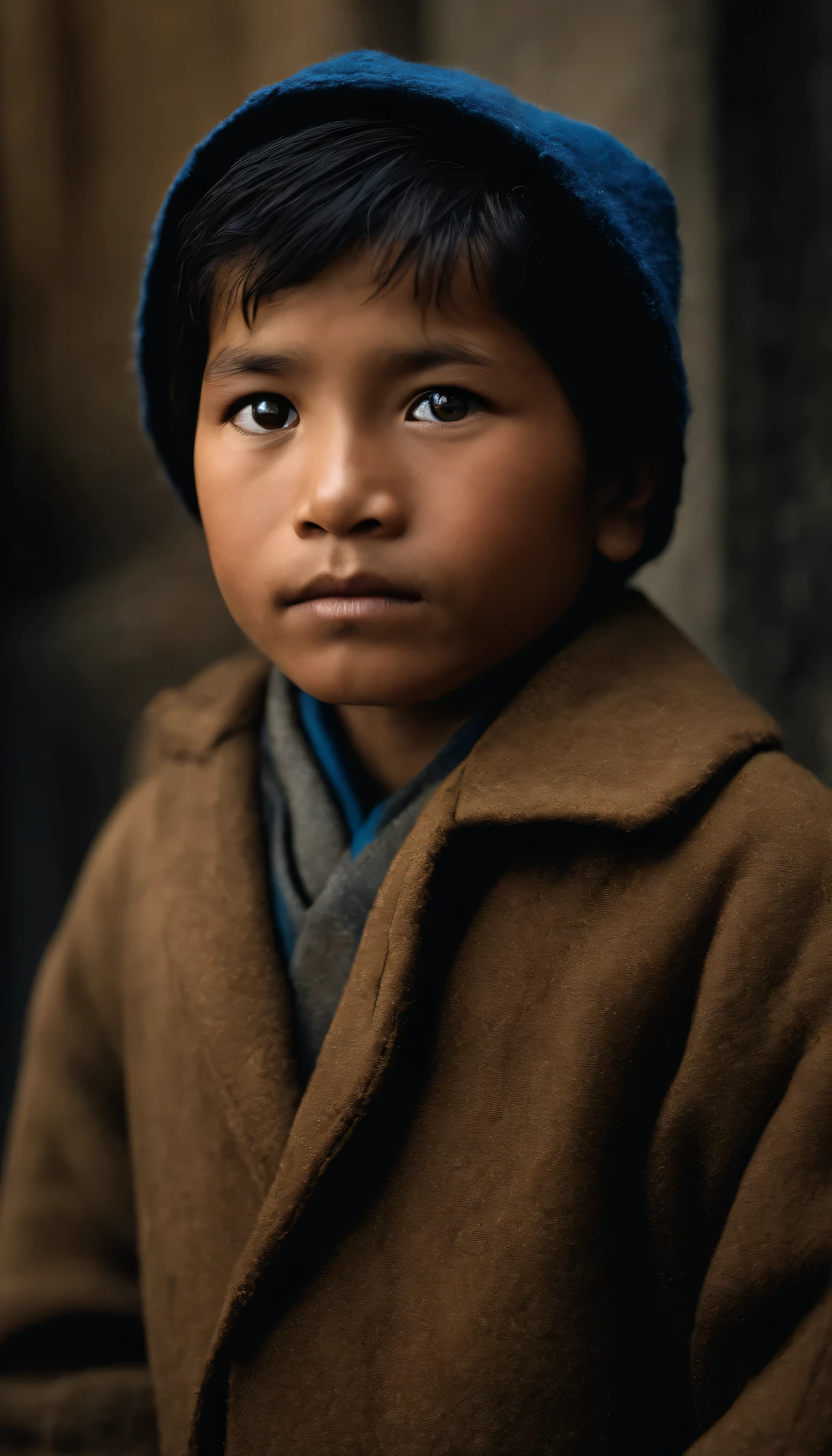 (Steve McCurry style), An boy Japanese man, wrinkled, happy and homeless ((wearing a blue wool coat)), (melancholy), 1woman, solo, straight black hair and hairstyle, very detailed face, beautiful eyes, [chubby], adorable, with bright eyes, sad eyes, bitter, (Rembrandt Lighting), zeiss lens, ultra realistic, (highly detailed skin: 1.2), 8k uhd, dslr, Dramatic Kidney light,  high quality, Fujifilm XT3,