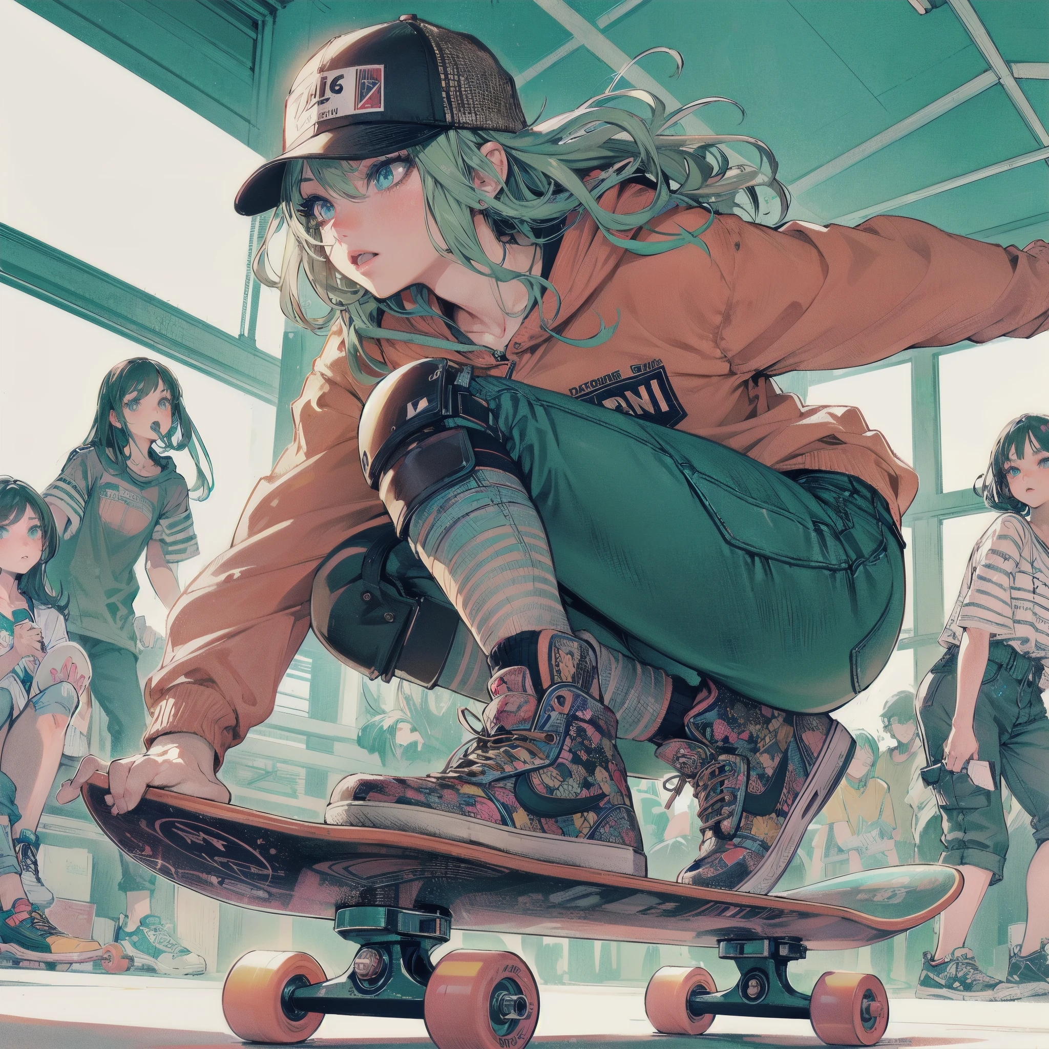 high quality,HD,16k,sharp lines,1 girl,Female skateboard athlete ,cute face, large breasts, nice legs,At the skateboard venue,focus girl,detailed beautiful face,detailed clothes,beautiful eyes,cool,dynamic angle