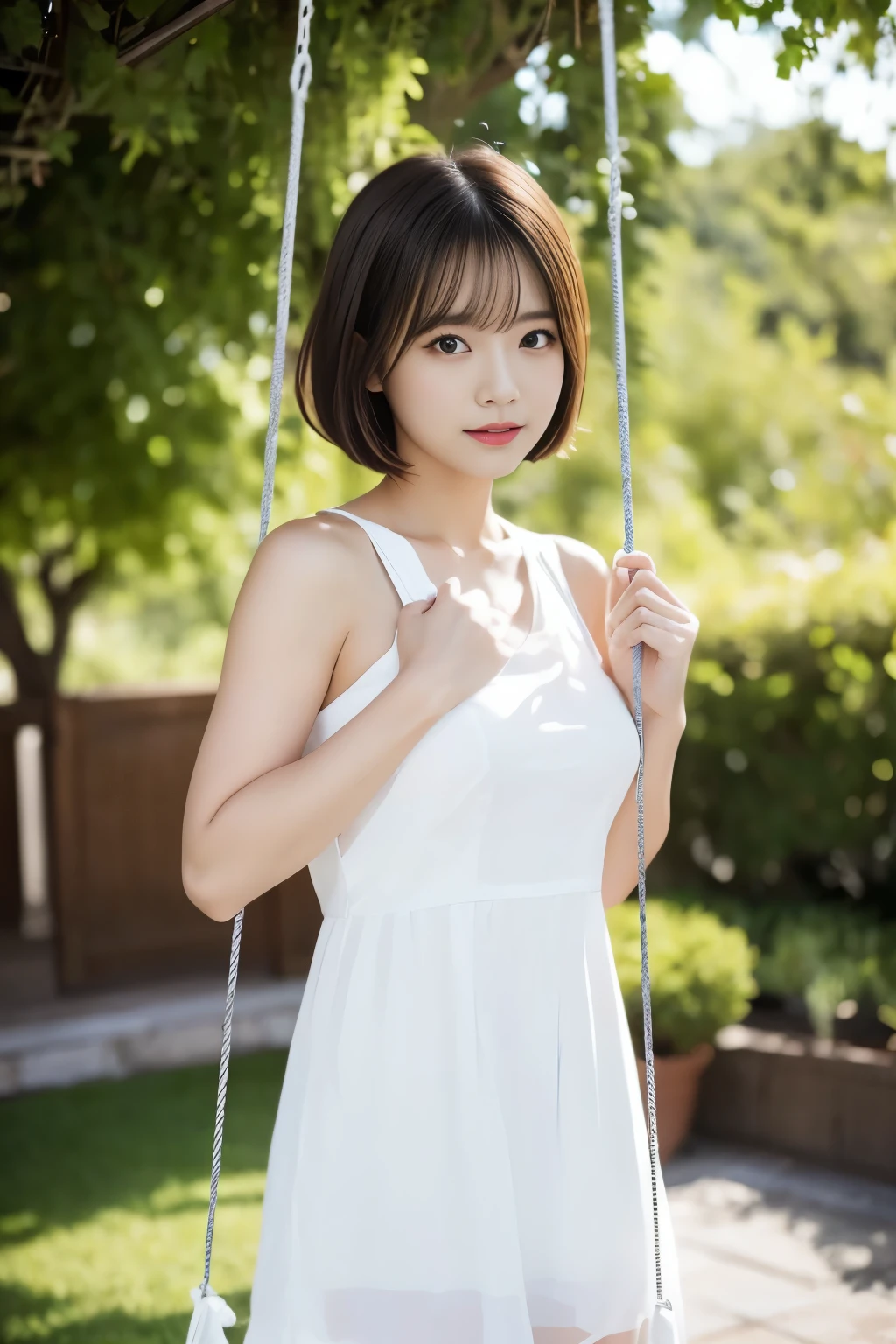 ((top quality, 8k, masterpiece: 1.3, raw photo)), Sharp Focus: 1.2, (1 aespa girl: 1.2), (Realistic, Photorealistic: 1.37), (face focus: 1.1), cute face, small breasts, flat chest, short hair, sitting, from below, sunlight, movie lighting, A beautiful girl wearing a white chiffon dress and staring at the countryside at dusk