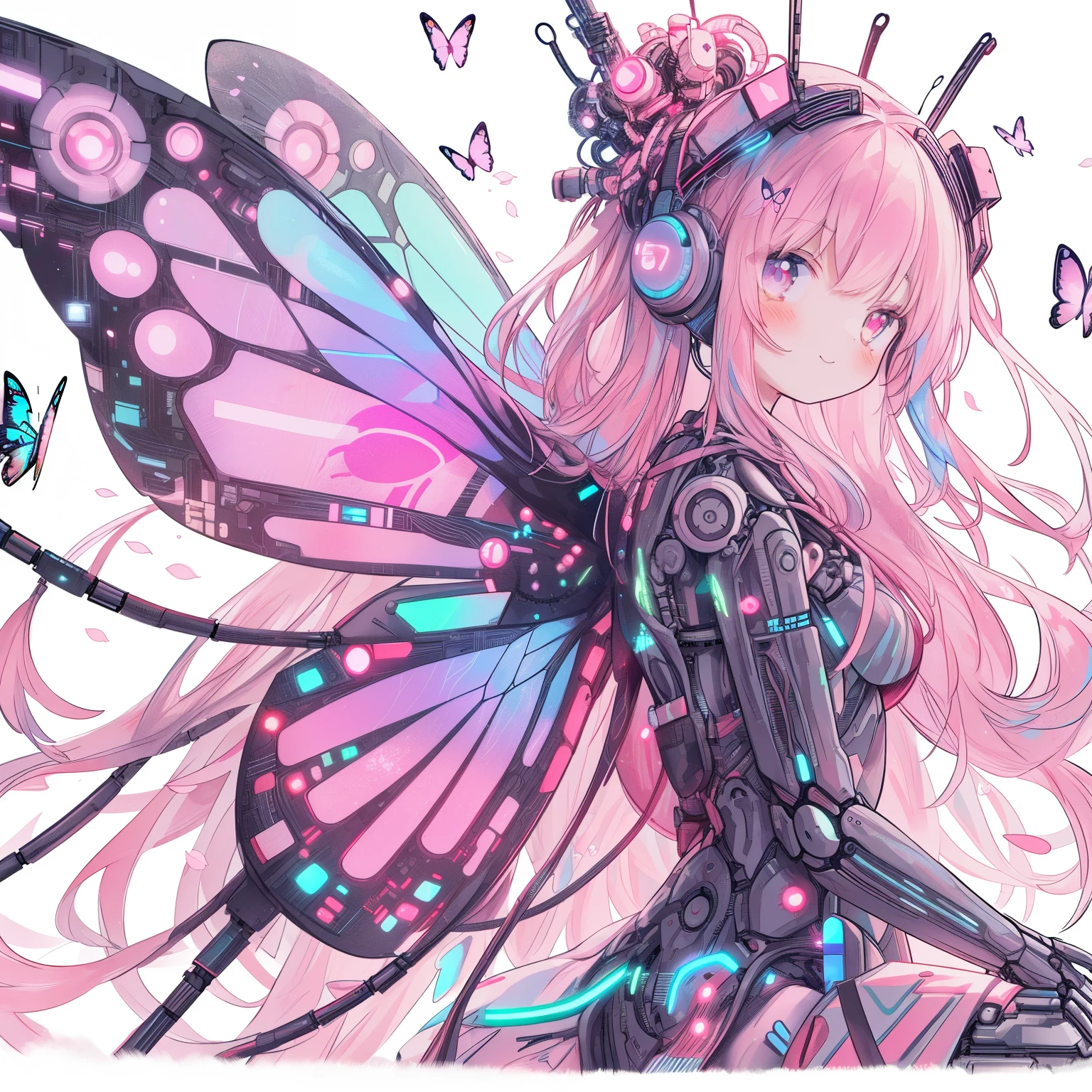 anime girl with butterfly wings and headpieces sitting on a rock, Pastel Watercolor、(anime style:1.1), Small smile, Mechanical pink glowing cherry tree、mechanical cherry blossoms、group of pink butterflies、、long hair、Colorful Girl、(cyber punk:1.6)、(Super high density and colorful LED lights:1.5)、Ultra-high precision communication cable connecting her to the machine..:1.Made with ultra-precision machinery:、、(Shining mechanical butterfly wings sprouting from a girl.:1.4)、whole body、floating、dynamic angle,beautiful fantasy anime, Cute and exciting, anime style 4k, anime art wallpaper 4k, anime art wallpaper 4k, Anime robot and organic mixed together, Best Anime 4K Kona-chan Wallpaper, anime fantasy artwork, anime manga robot!! anime girl, Nightcore, anime art wallpaper 8k
