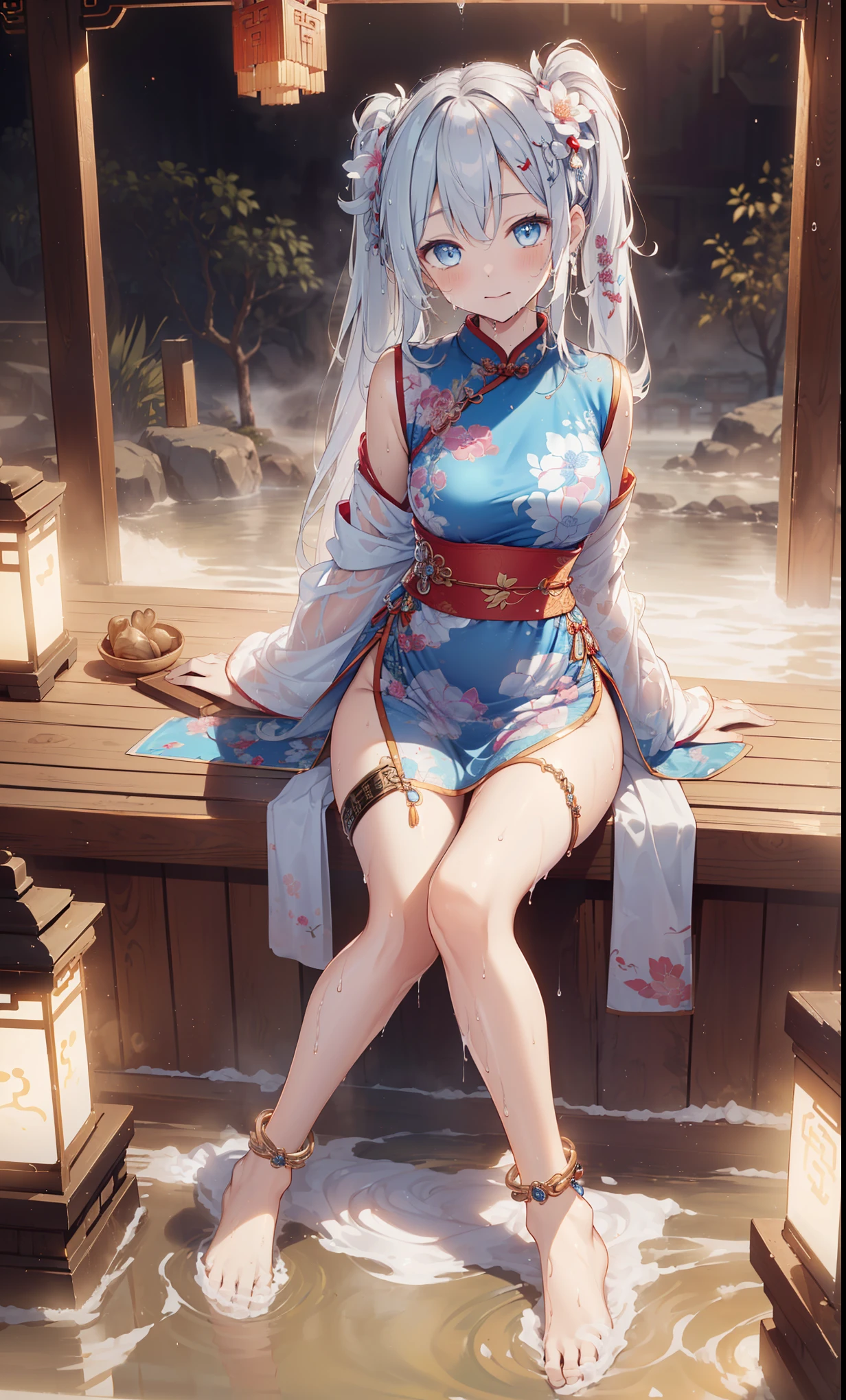 top quality，best resolution，(Drenched white long cheongsam），Super detailed, She has a white twin tail，girl，charm，Design intricate clothes，blue eyes，Vision，Elegant and charming，((Wet people，The background is an ancient Chinese hot spring，leg rings，anklet))，night，little lighting，charm的姿势