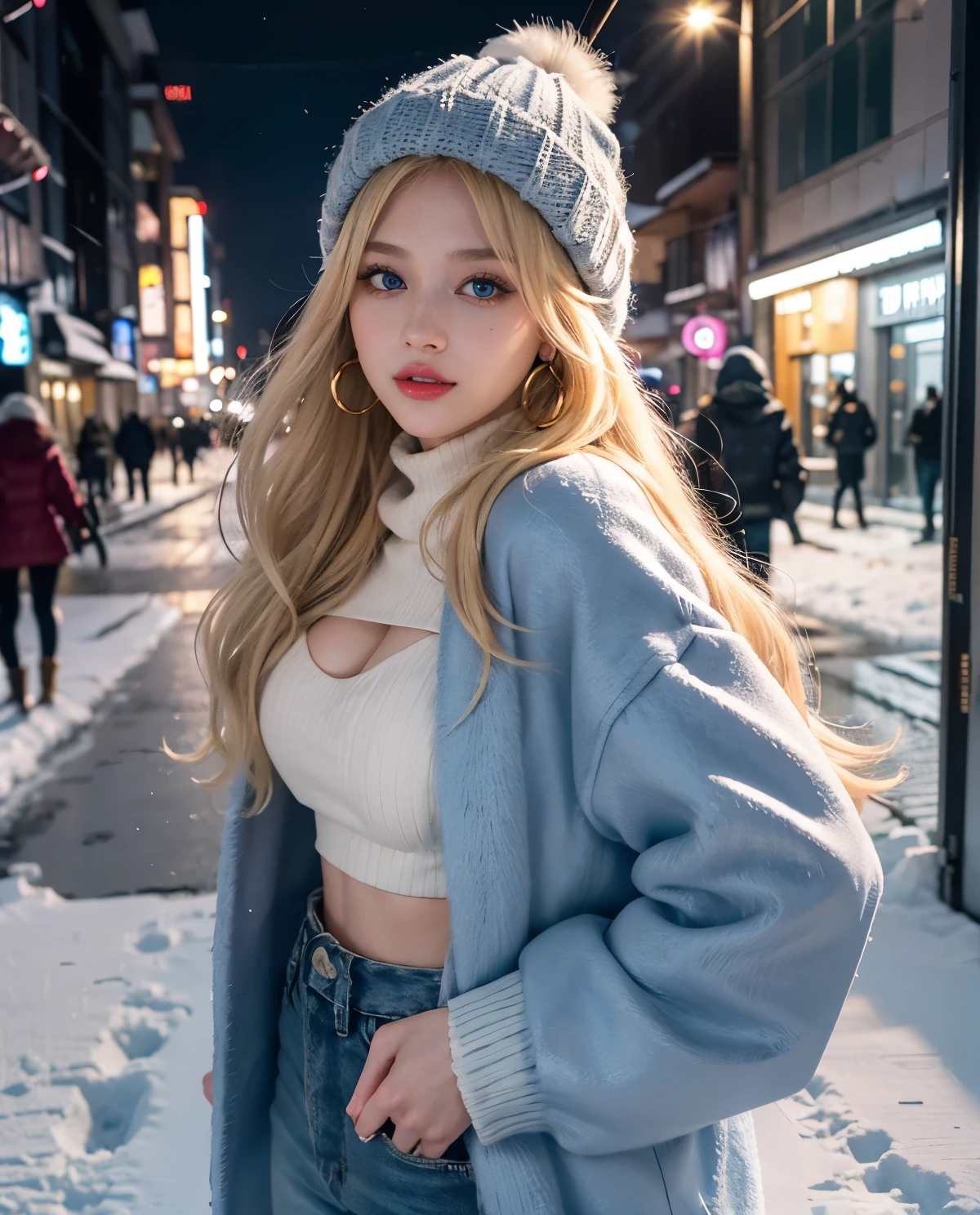 1girl, (Blue Eyes), (cheerful :1.2), (furry jacket whit long sweater :1.2), (beautiful makeup :1.1), (Sana Minatozaki), wide hips, Big tits, big ass, (Best Quality, 8k, Masterpiece: 1.3), Clear Focus: 1.2, Perfect Body Beauty: 1.4, strong abs :1.2, Highly detailed face and skin texture, detailed eyes, double eyelids, red lips, (blond long hair), closeup of face :1.3, jeans, golden earrings, winter hat, standing, portrait, in the Shibuya neighborhood of Japan at night, snowy night, snow on the ground