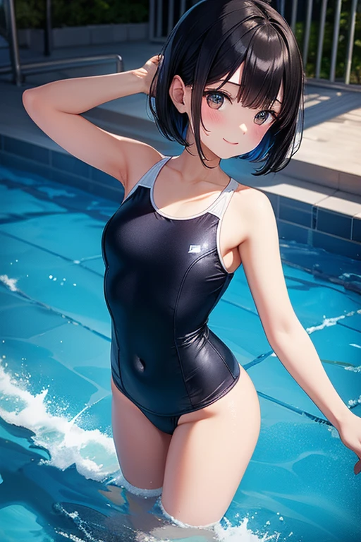 solo girl, school swimsuit, black bob hair,