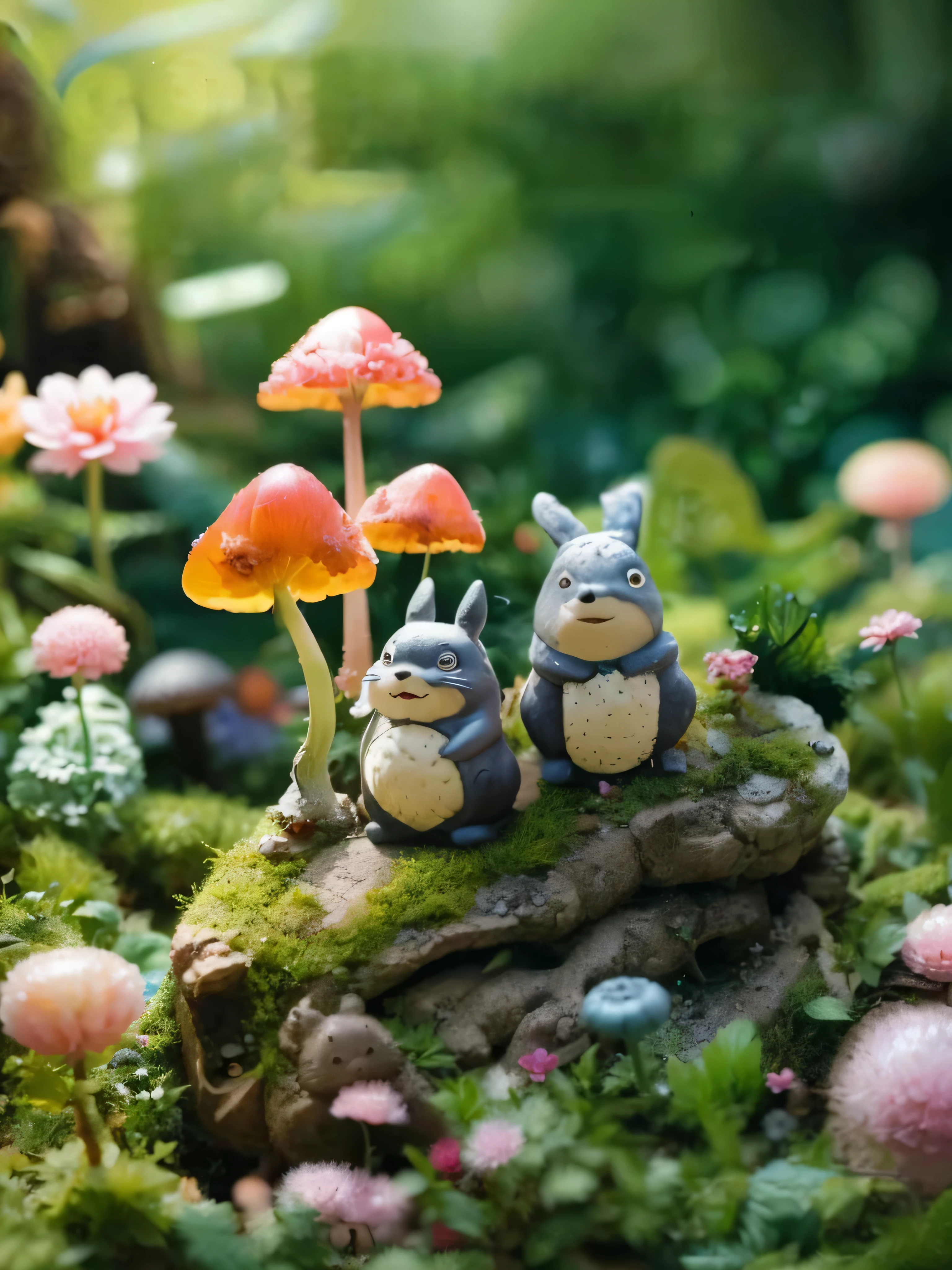 There are three small animal statues in the garden, chinchilla sitting in a forest, In a picturesque forest diorama, chinchilla from my neighbor chinchilla, “chinchilla, of chinchilla, my neigbor chinchilla, miniature forest, forest with rabbits, Magical garden plant creatures, chinchilla, real life chinchilla, ghibli inspired