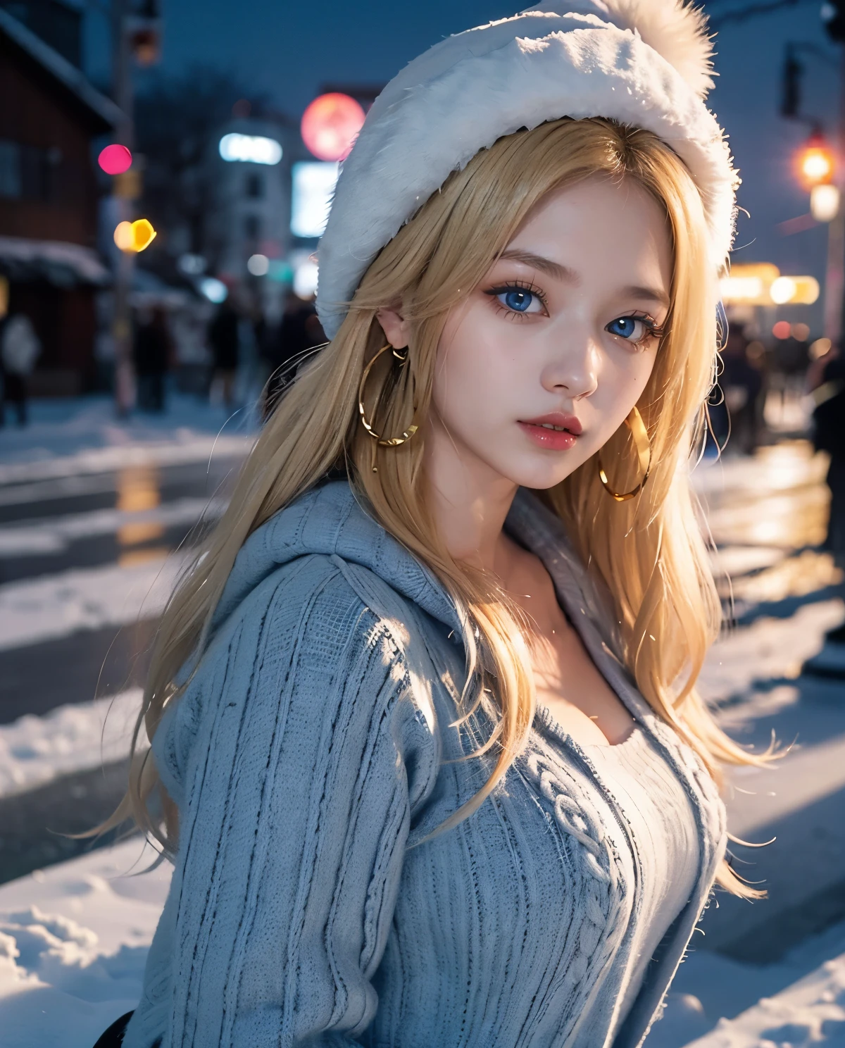 1girl, (Blue Eyes), (cheerful :1.2), (furry jacket), (sweater :1.3), (beautiful makeup :1.1), (Sana Minatozaki), wide hips, big ass, (Best Quality, 8k, Masterpiece: 1.3), Clear Focus: 1.2, Perfect Body Beauty: 1.4, Highly detailed face and skin texture, detailed eyes, double eyelids, red lips, (blond long hair), closeup of face :1.3, jeans, golden earrings, winter hat, portrait, sitting in a bar, in the Shibuya neighborhood of Japan at night, snowy night