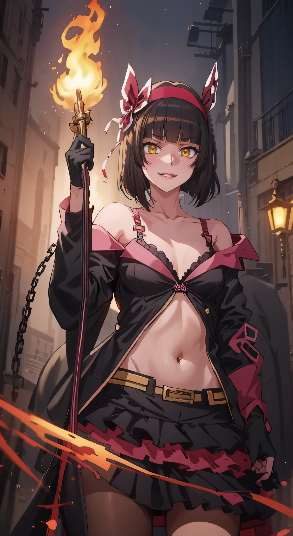 mio, hairband, black gloves, hair bow, hair ornament, hair ribbon, makeup, medium hair, black hair, anatomically correct, fire, 1girl, solo, weapon, holding, chain, jewelry, standing, lips, magic, looking_at_viewer, closed_mouth, holding_weapon, long sleeves, off shoulder, bra, navel, layered skirt, butterfly hair ornament, (best quality,8k,ultra-detailed,:1.2),commercial photography,nighttime,illuminations,vivid colors,award winning,high contrast,sharp focus,dramatic lighting,rim light,ambient fog:1.3, (shaded face:1.2), hollow eyes, golden eyes, looking at viewer, heavy breathing, smirk, upper teeth, glowing eyes,