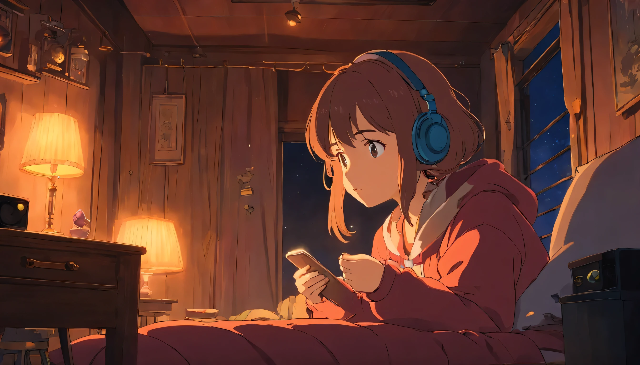 Girl listening to music in cozy room at night, Using Headphones, Anime style 2D, Lo-fi, HD, dark environment
