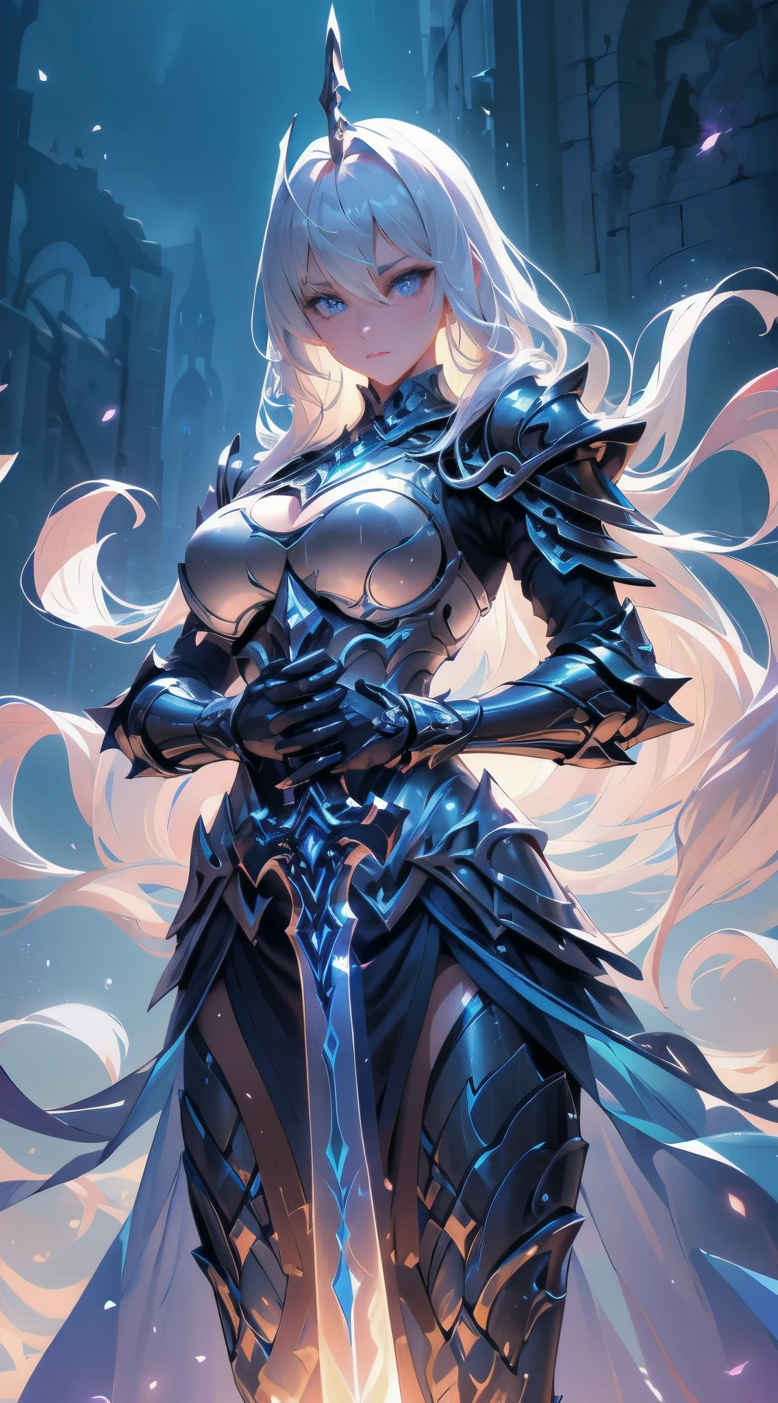 "An awesome female paladin, with large breast, sexy armor, wields a sword full of light, Exudes powerful light magic. The setting is set in a dark and mysterious cityscape, Illuminated by the light of the Paladin's Sword. The composition is professionally crafted, Amazing attention to detail and cinematic lighting. The overall aesthetic is reminiscent of Fujifilm photography, Capture the beauty and depth of the scene."
