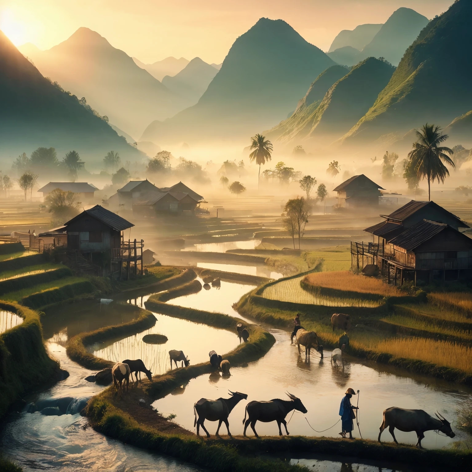 Create ultra-realistic photos of serene morning views in the countryside, complete with small rivers, village houses, rice fields, high mountains, livestock and farmers in the fields.  images like professional camera photos produced with a Nikon DSLR camera, size 32k, UHD, HD photos, dramatic cinemaric effects with thin mist