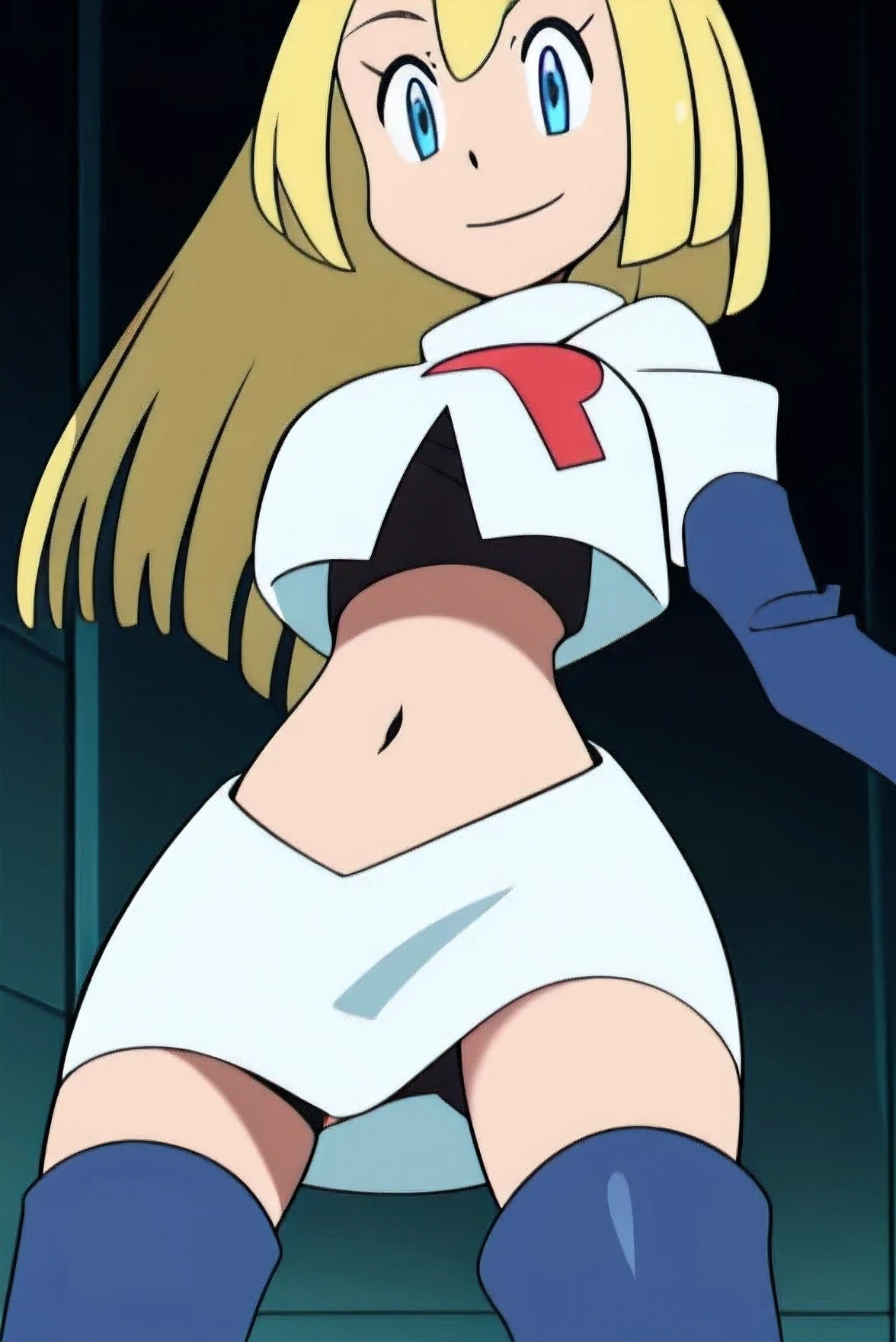 8k,1girl in, (solo:1.1), (perfect body:1.1), (best quality:1.1), very large breast, team rocket, team rocket uniform, red letter r, white skirt,white crop top,black thigh-high boots, black elbow gloves, smiling, looking down at viewer, hands on hips,zettai ryouiki,cowboy shot
