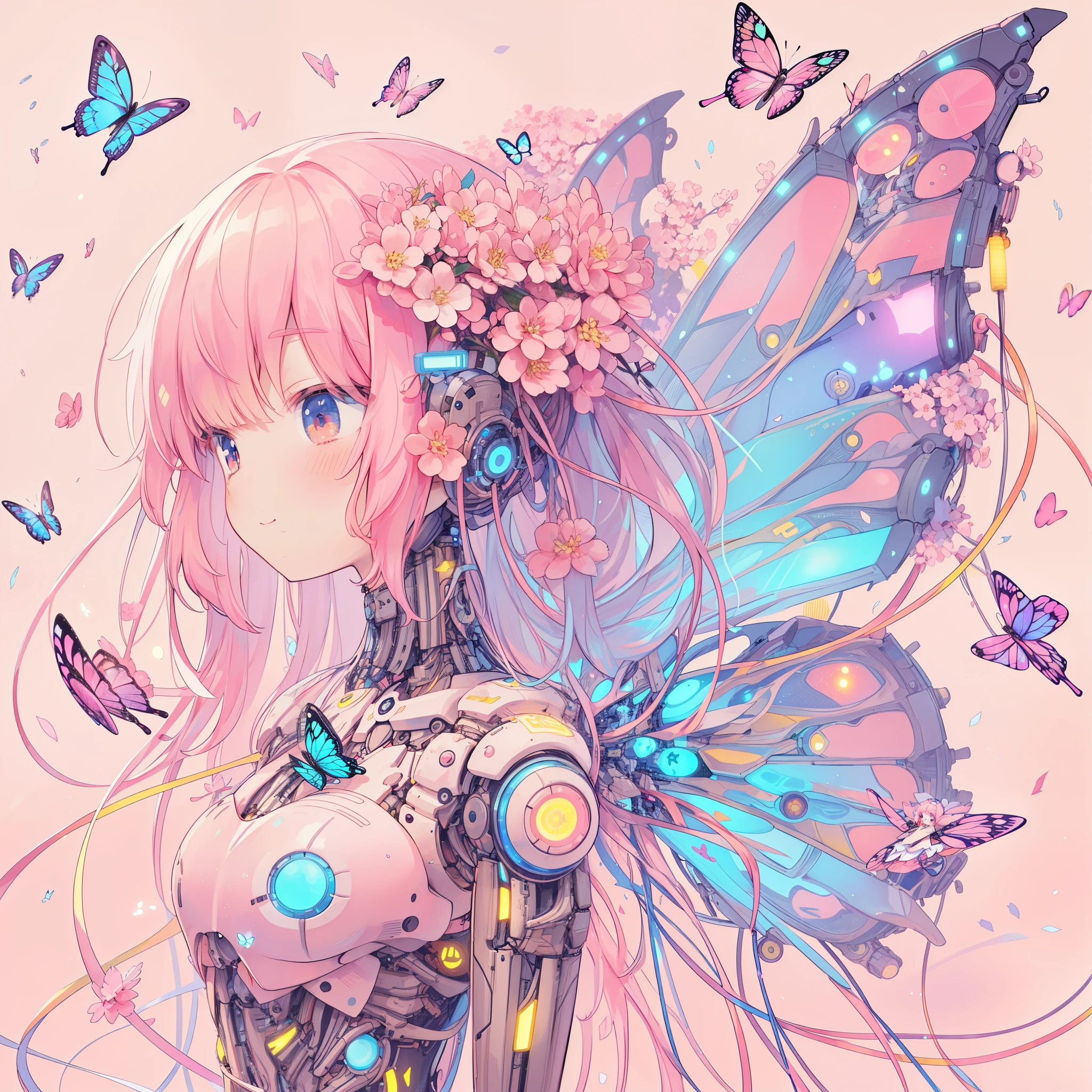 anime girl with butterfly wings and flowers in her hair, Pastel Watercolor、(anime style:1.1), Small smile, Mechanical pink glowing cherry tree、mechanical cherry blossoms、group of pink butterflies、、long hair、Colorful Girl、(cyber punk:1.6)、(Super high density and colorful LED lights:1.5)、Ultra-high precision communication cable connecting her to the machine..:1.Made with ultra-precision machinery:、、(Shining mechanical butterfly wings sprouting from a girl.:1.4)、whole body、floating、dynamic angle,Cute and exciting, Anime robot and organic mixed together, beautiful anime artwork, beautiful fantasy anime, beautiful anime art, dreamy psychedelic anime, anime art wallpaper 4k, anime art wallpaper 4k, beautiful anime art style, anime manga robot!! anime girl, by Yuumei, anime mecha aesthetics