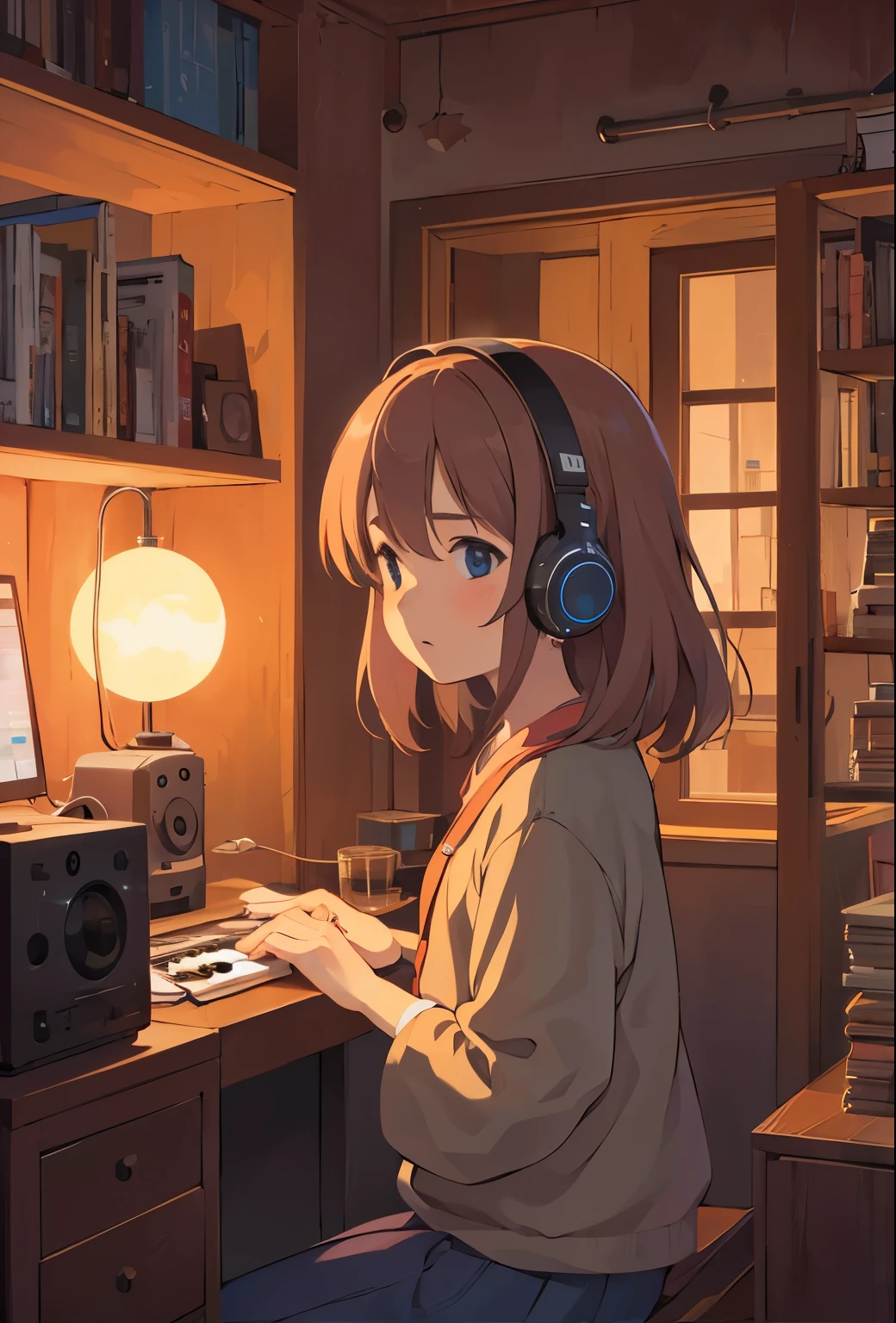 Girl listening to music in a cozy room at night, Usando fones de ouvido, anime estilo 2D, lo-fi, hard disk, Ambiente Escuro,angulo lateral cacheado