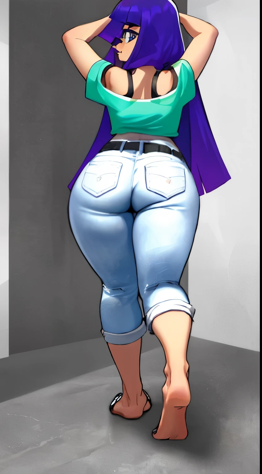 miko kubota from glitch techs, (long hair, blunt bangs), ((blue hair with pink highlights)),  ((white crop top, blue leggings, cameltoe, boots,), ,, ((large ass, voluptuous, thick legs, wide hips, medium breasts,)),(, female focus),((wetting self, pee stains, puddle)),  ((hands on cheeks, drooling, blushing, sweating, heart pupils )), public park background, night time, starry sky, under street lights, standing,((seen from below, dynamic angle))