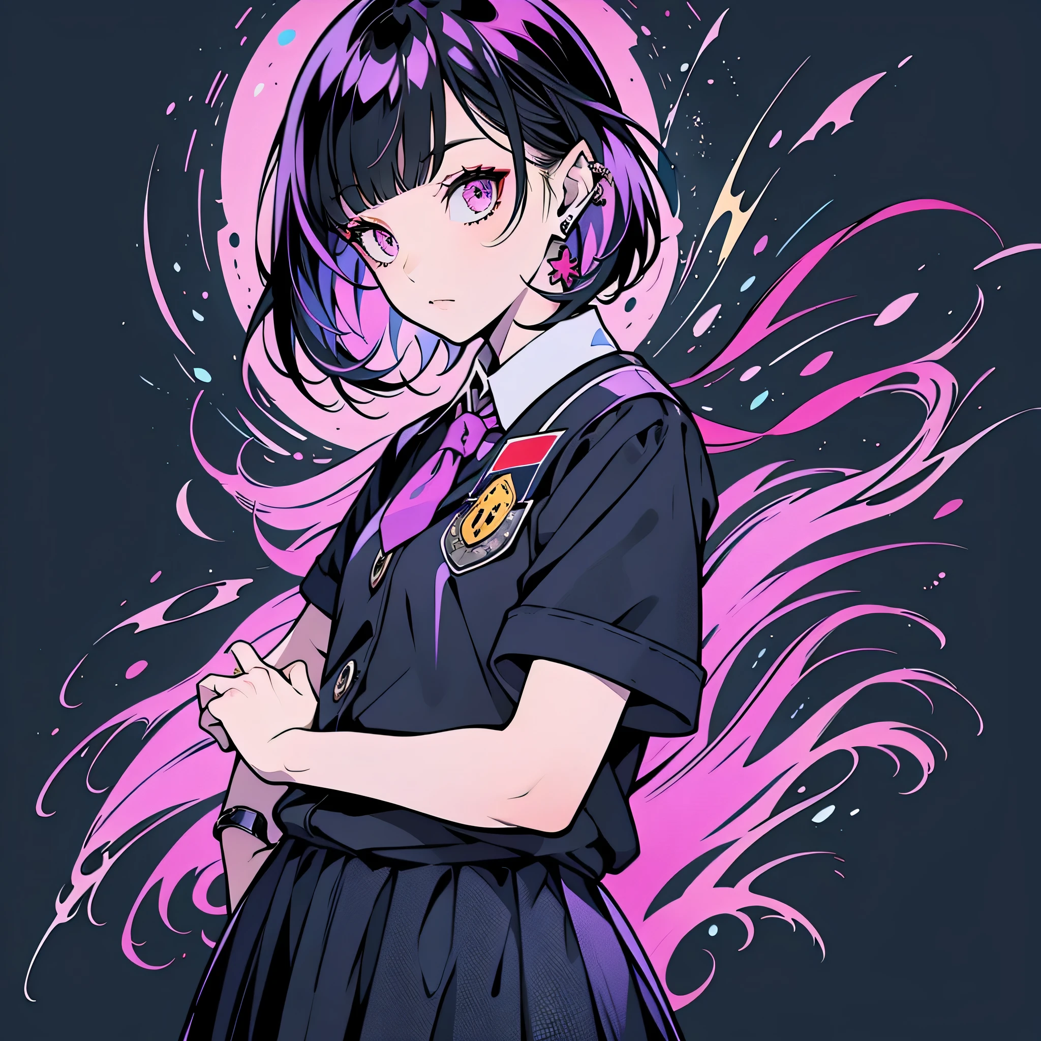 girl in school uniform with black and purple hair standing in front of 紫色の背景, 1 girl, alone, short hair, skirt, shirt, black hair, tie, simple background, white shirt, purple eyes, black tie, jewelry, pleated skirt, From the side, short sleeve, earrings, collared shirt, shirt tucked in,rum \(rumダヨー\)