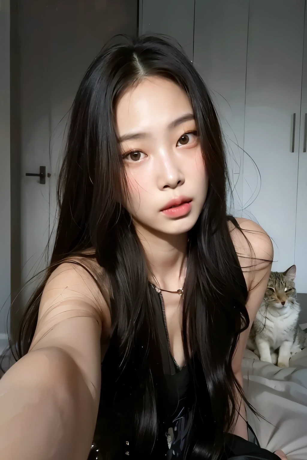 mulher arrasada com longos cabelos pretos tirando uma selfie com um gato, coreana, muito linda gatinha fofa, linda mulher sul-coreana, young lovely korean face, Linda jovem coreana, Ulzzang, Beautiful Asian girl, Asian with long hair, Linda jovem coreana, com cabelos longos e olhos penetrantes, adorable and pale korean face