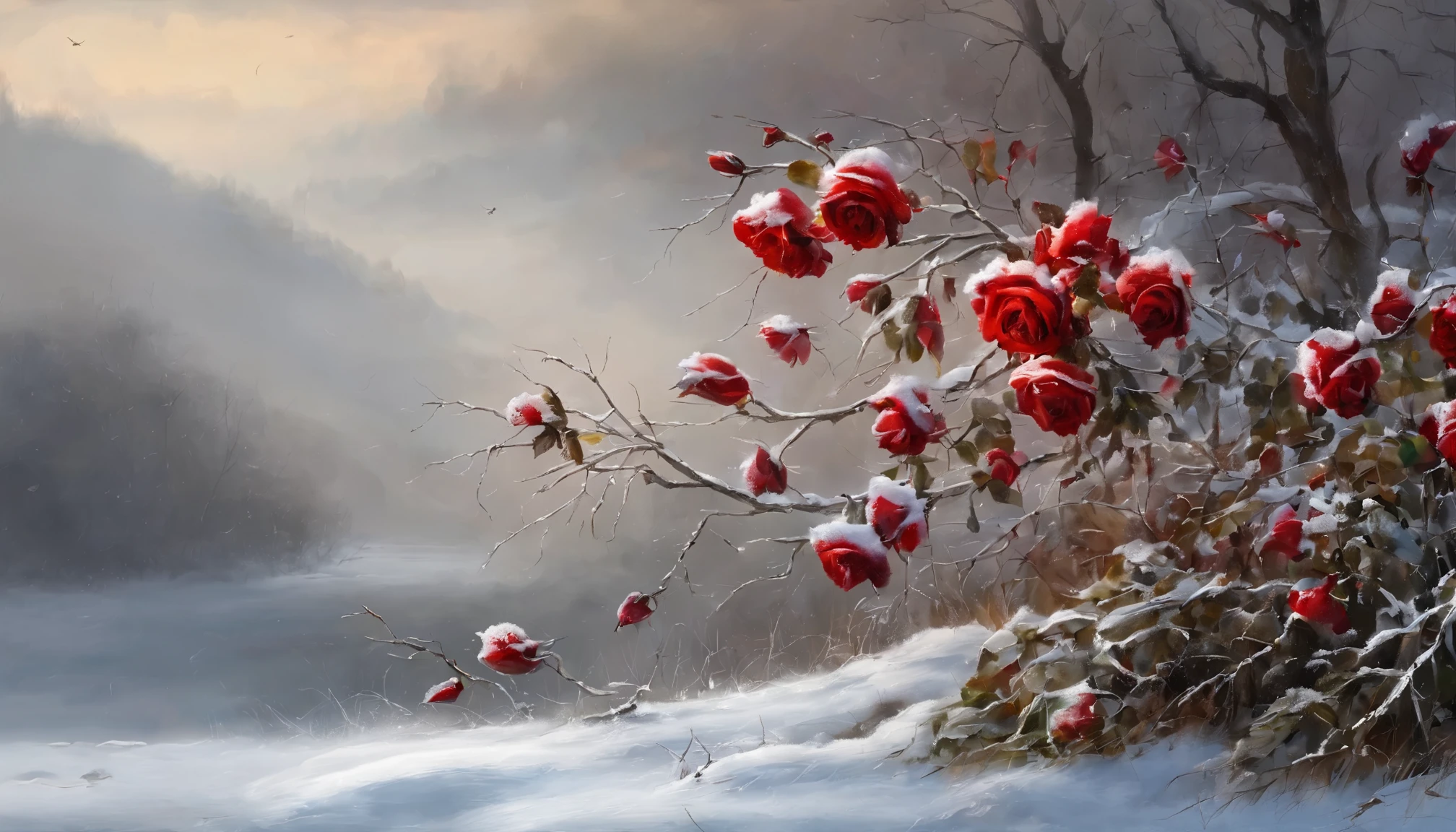 HD,masterpiece,Official artistic aesthetics。(((watercolor painting:1.5.ink:1.2))).(((winter,Close-up of a dry red rose covered with snow,snow on petalranches。)))。Watercolor paper overlay texture,Wet painting method,Smudge,splash,flowing water marks。dark background,Large aperture,facula,contrast between warm and cold,perfect composition。artistic creativity:1.37。famous,International award-winning works。