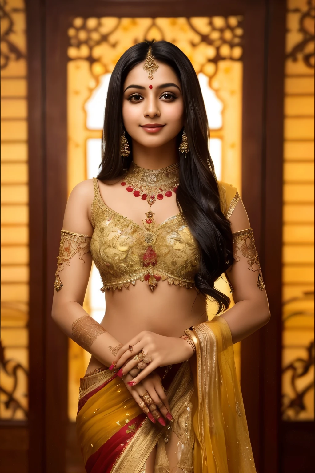 A beautiful Indian girl, radiantly adorned in traditional attire, beckons the viewer with a captivating smile. Her almond-shaped eyes, deeply set and framed by thick, dark lashes, emanate warmth and allure. Her sleek, jet-black hair, cascading down her back in glossy waves, adds to her enchanting beauty. The intricate details of her traditional henna tattoos on her arms and hands, coupled with her delicate and well-defined features, exude an ethereal elegance. The soft focus and warm lighting illuminating her skin create a mesmerizing glow, highlighting the rich textures and hues of her