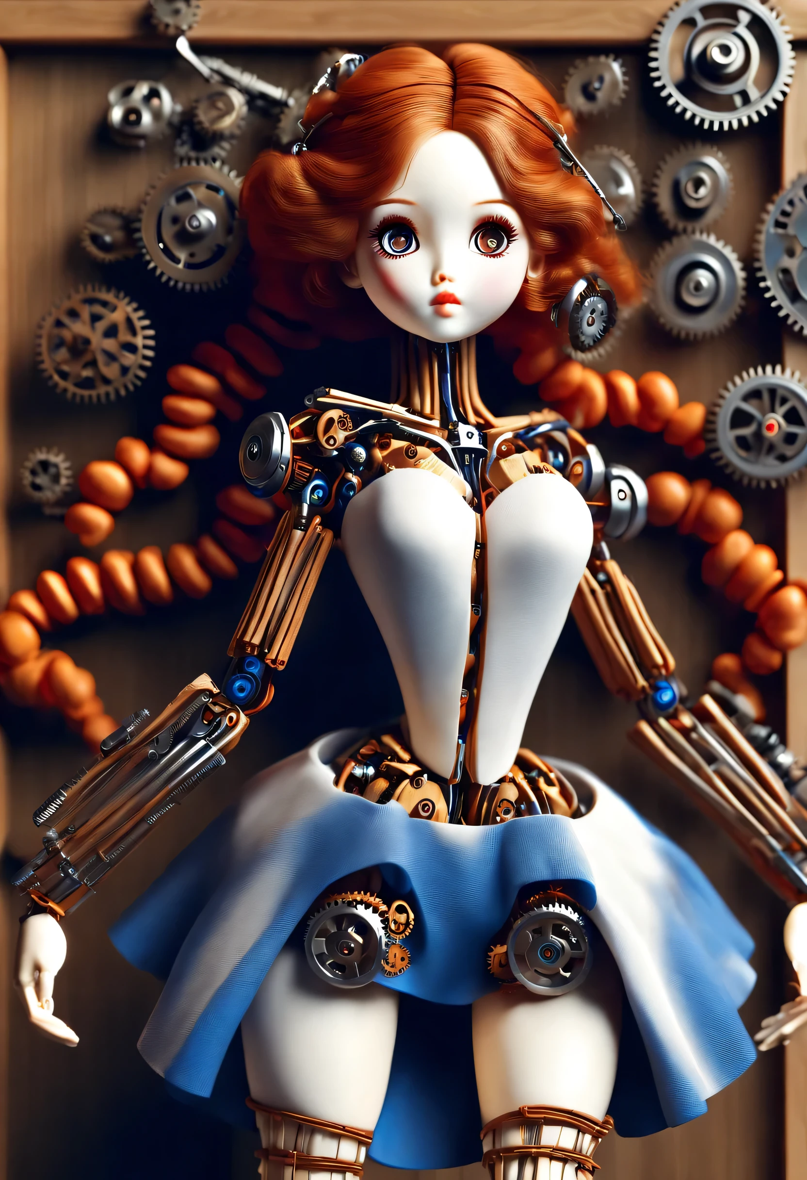 Marble sculpture style, character idea, (whole body), (a mechanically constructed doll is playing 电吉他), Beautiful and detailed, Mechanical wires connecting dolls's bow finger, Gears connect slender Legechanism on log base), The key spring is inserted into the back of the doll, cute and beautiful face, Extra long red double braids, blue and orange skirt, Slender mechanical wooden arms and legs, rotate, dance, 8k, super detailed, actual, high resolution, Ray tracing,