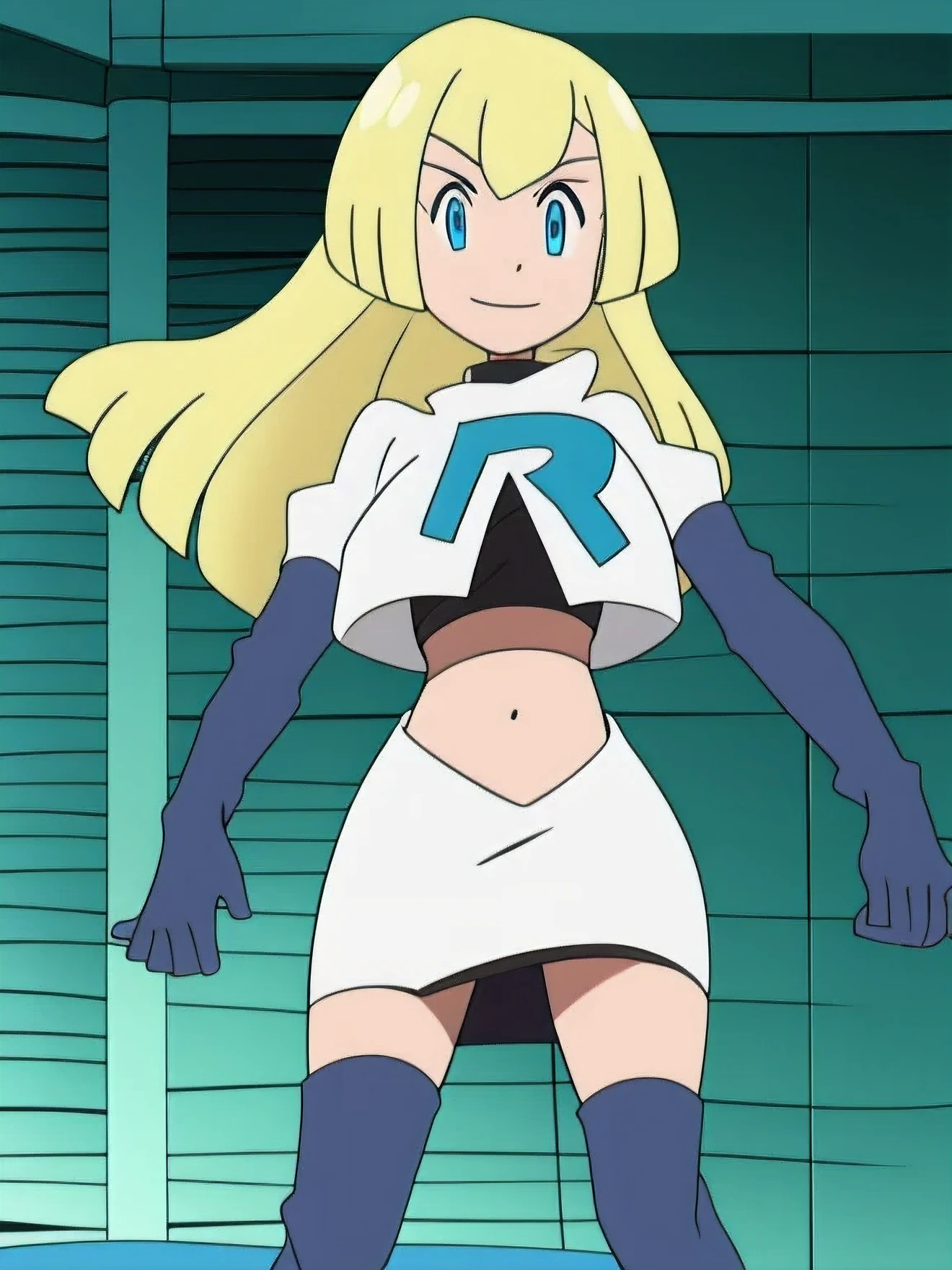 8k,1girl in, (solo:1.1), (perfect body:1.1), (best quality:1.1), very large breast, team rocket, team rocket uniform, red letter r, white skirt,white crop top,black thigh-high boots, black elbow gloves, smiling, looking down at viewer, hands on hips,zettai ryouiki,cowboy shot