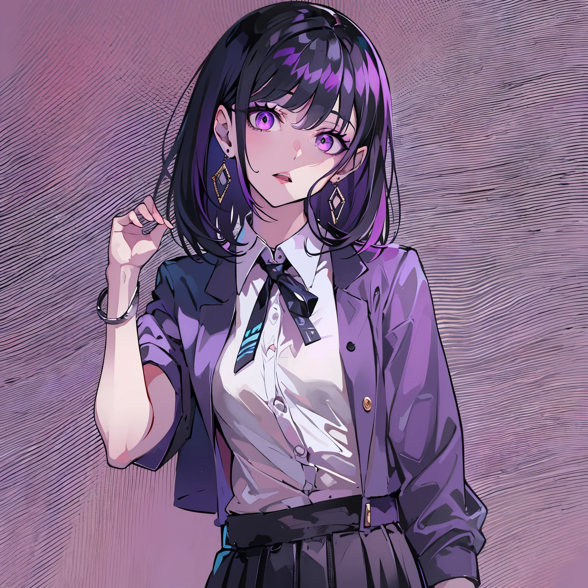 girl in school uniform with black and purple hair standing in front of purple background, 1 girl, alone, short hair, skirt, shirt, black hair, purple background, white ,purple eyes, black , pleated ,shirt, black hair, purple background, white ,purple eyes, black , pleated skirt, From the side, short sleeve, earrings, collared  tucked in,rum \(rumダヨー\),eye shadow, red pink lips, multicolored red eyes, purple theme,Wear an iridescent aura,beautiful eyes,purple carpet,hanging bangs