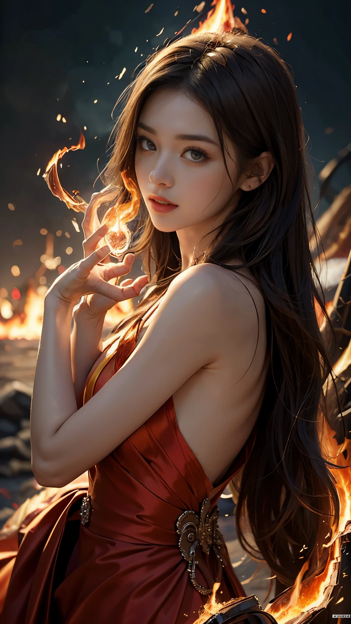 Long hair red and black., pretty, He's on the head., Good shape, mediuml breasts, nude, a dragon, Red eyes, White body, Black wings spread, Fluorescent red diamond armor, Volcano Background, Flying Dragon, lava, ,Meteorite, fire, Red lighting , fantasy, lifelike, Magic, diffused lighting, master-piece, 8K, decoration, skin details, Glittering skin,