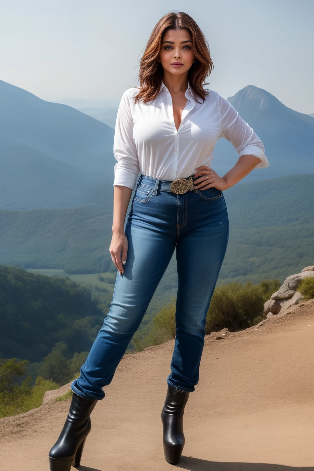 Full body photo of SEXY 50YO MATURE MILF AISHWARYA RAI as CORPORATE LADY, (((removing clothes))), ((black denim jeans with white mini shirt)), ((high platform boots)), (((seductive posing in mountain top))), day scene, curvaceous mature hourglass figure, massive breasts with huge cleavage, look straight at camera, ((bob cut hair)), sexy 50 yo mature MILF, soft volumetric lights, intricate details, (ArtStation:1.2)