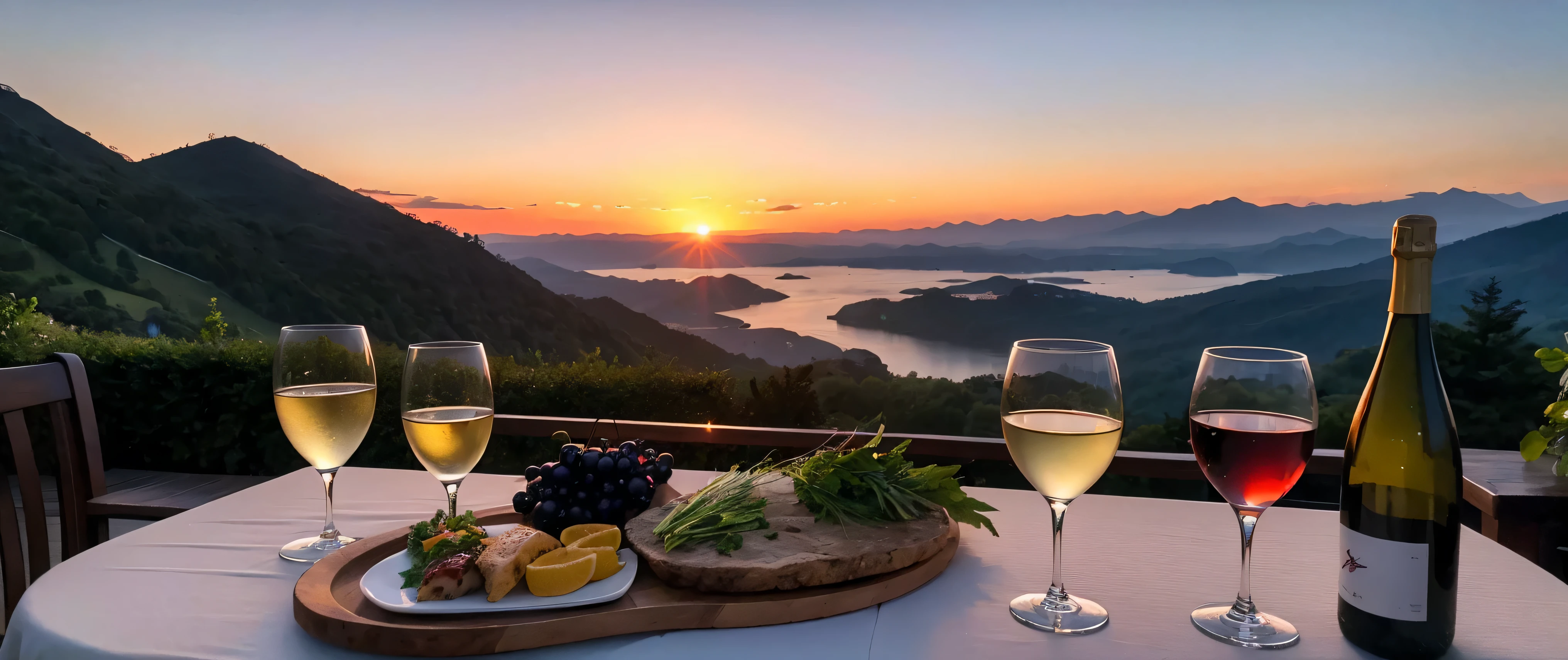 (including 64k, nffsw, highest quality, table top: 1.2), (realistic, realistic: 1.37), Spectacular view of the sunset sky and clouds、Amazing mountain views、White wine、red wine、wine glass、wine bottle、sparkling wine、