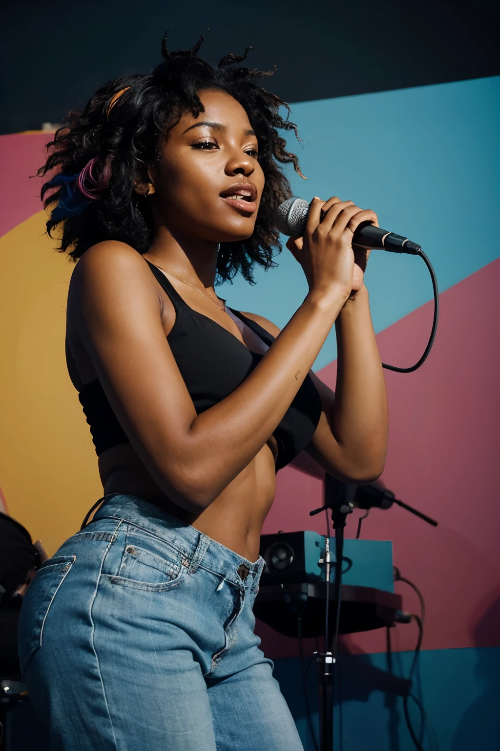 Illustration of a black woman, de 20 anos, bonita. She is holding a microphone in her hand and singing. colorful illustration