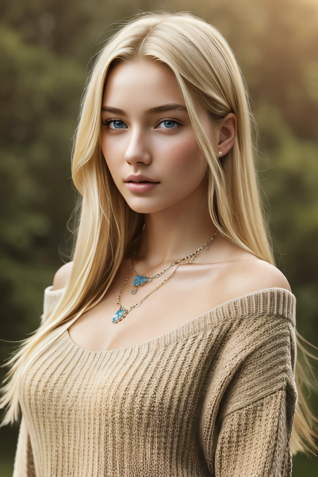 highest quality, masterpiece, 8k, photorealistic, 1 girl, 19 years old, alone, long hair, big breasts, facing forward, looking at the viewer, blonde, bare shoulders, brown eyes, gem, whole body, necklace, sweater, realistic, Sexy